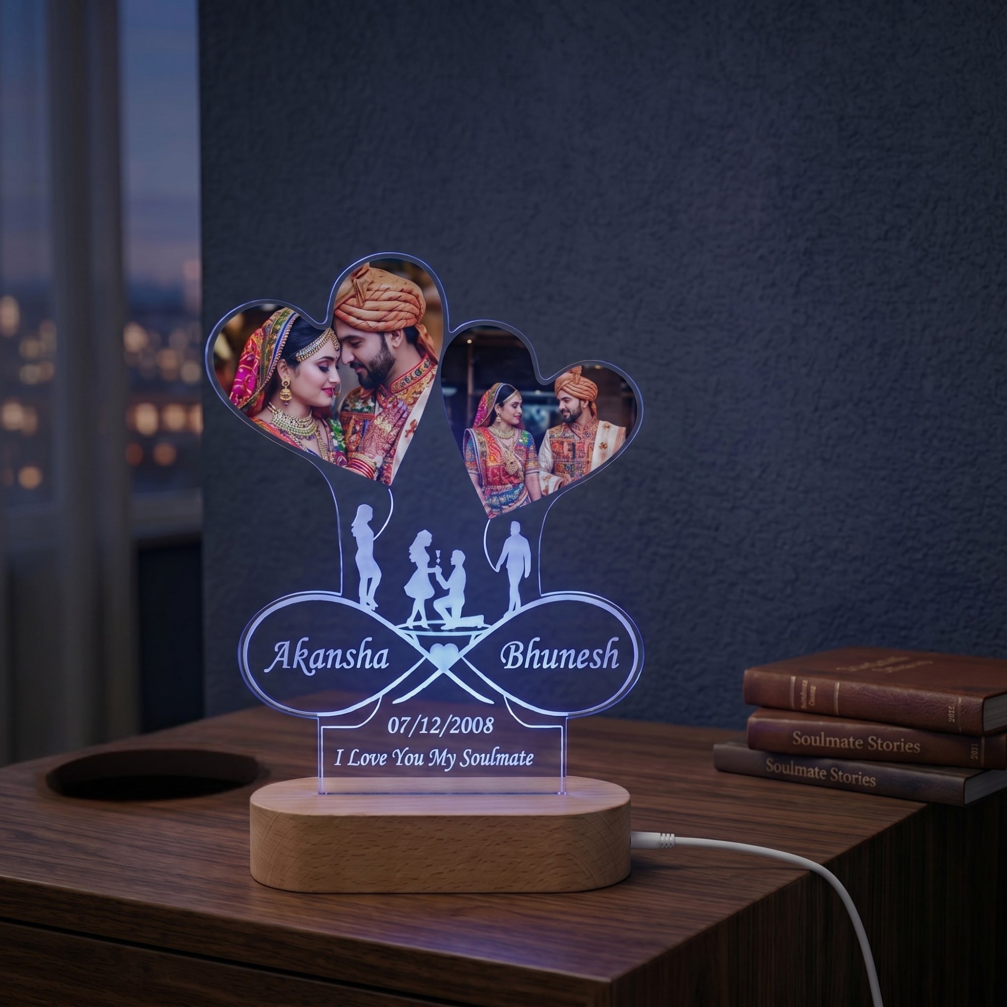 Shayona Gift Shop-Personalized Dual Heart Photo Acrylic LED Lamp | Custom Couple Infinity Name & Anniversary Date Desk Light with Wooden Base | Romantic Gift for Valentine's Day, Anniversary & Wedding