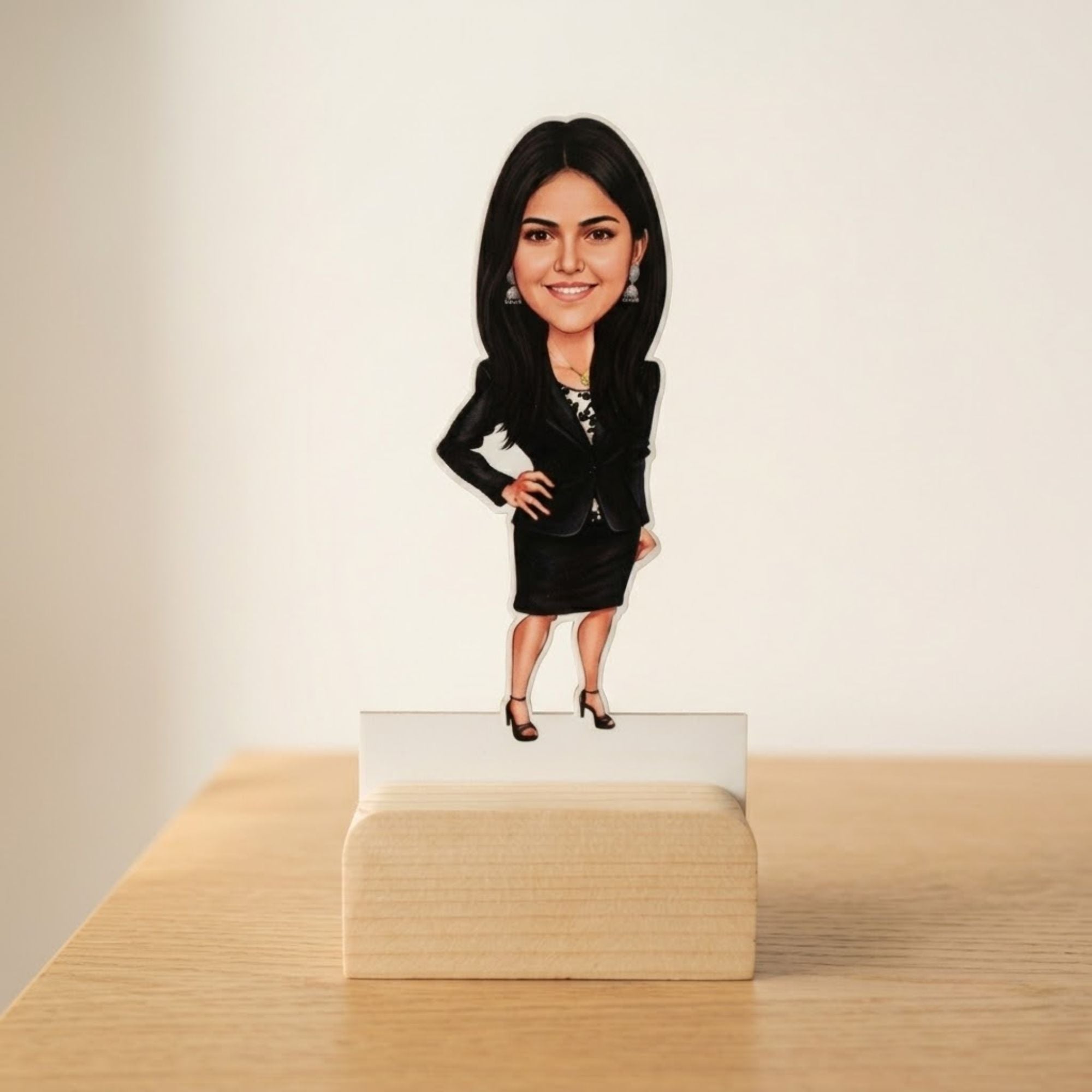Shayona Gift Shop-Personalized Boss Caricature Photo Standee with Wooden Base | Custom Professional Woman Acrylic Desk Standee | Unique Gift for Sister, Wife, Female Boss, Lawyer & Corporate Women