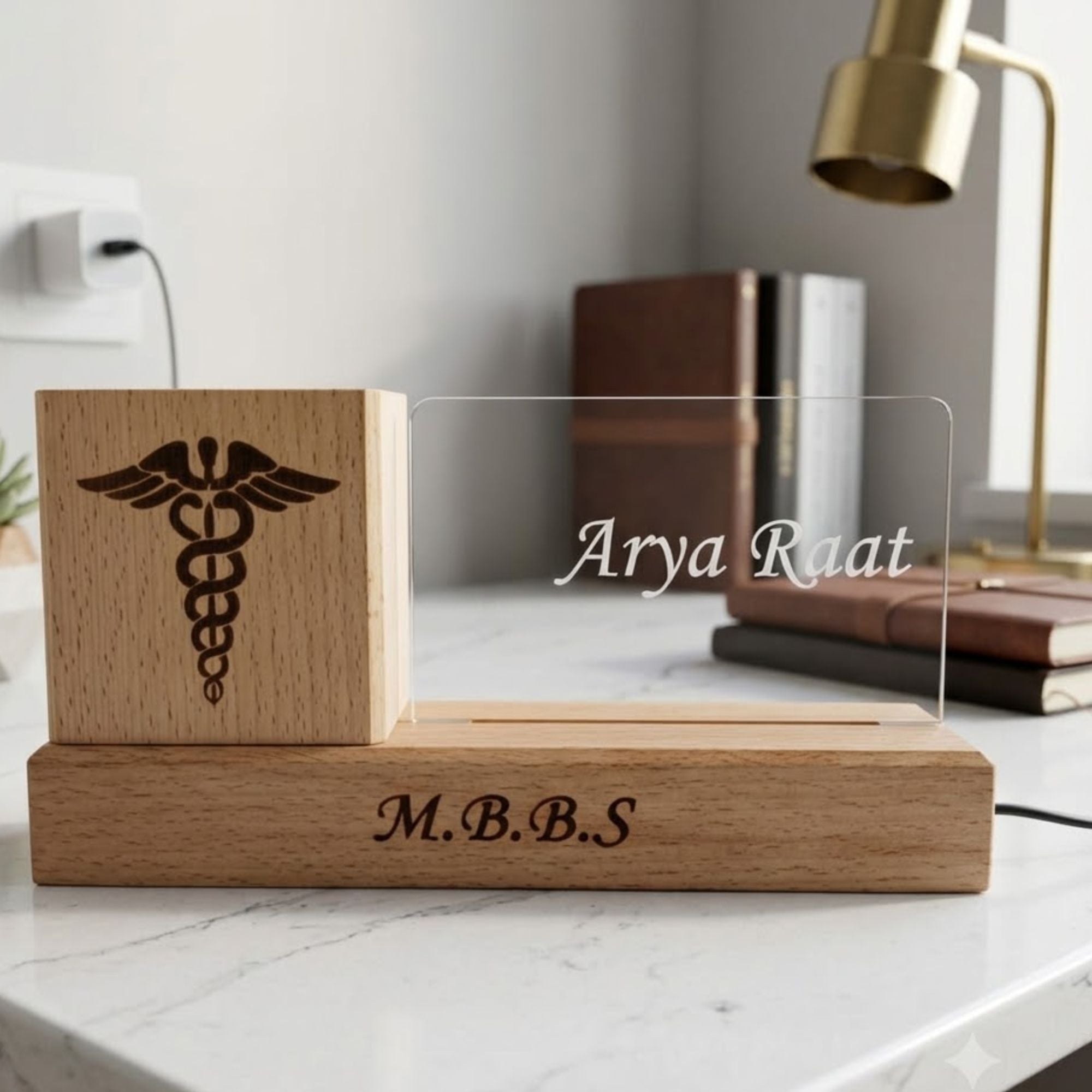 Shayona Gift Shop-Personalized Wooden Desk Organizer with LED Acrylic Doctor Nameplate & Pen Stand