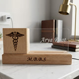 Shayona Gift Shop-Personalized Wooden Desk Organizer with LED Acrylic Doctor Nameplate & Pen Stand