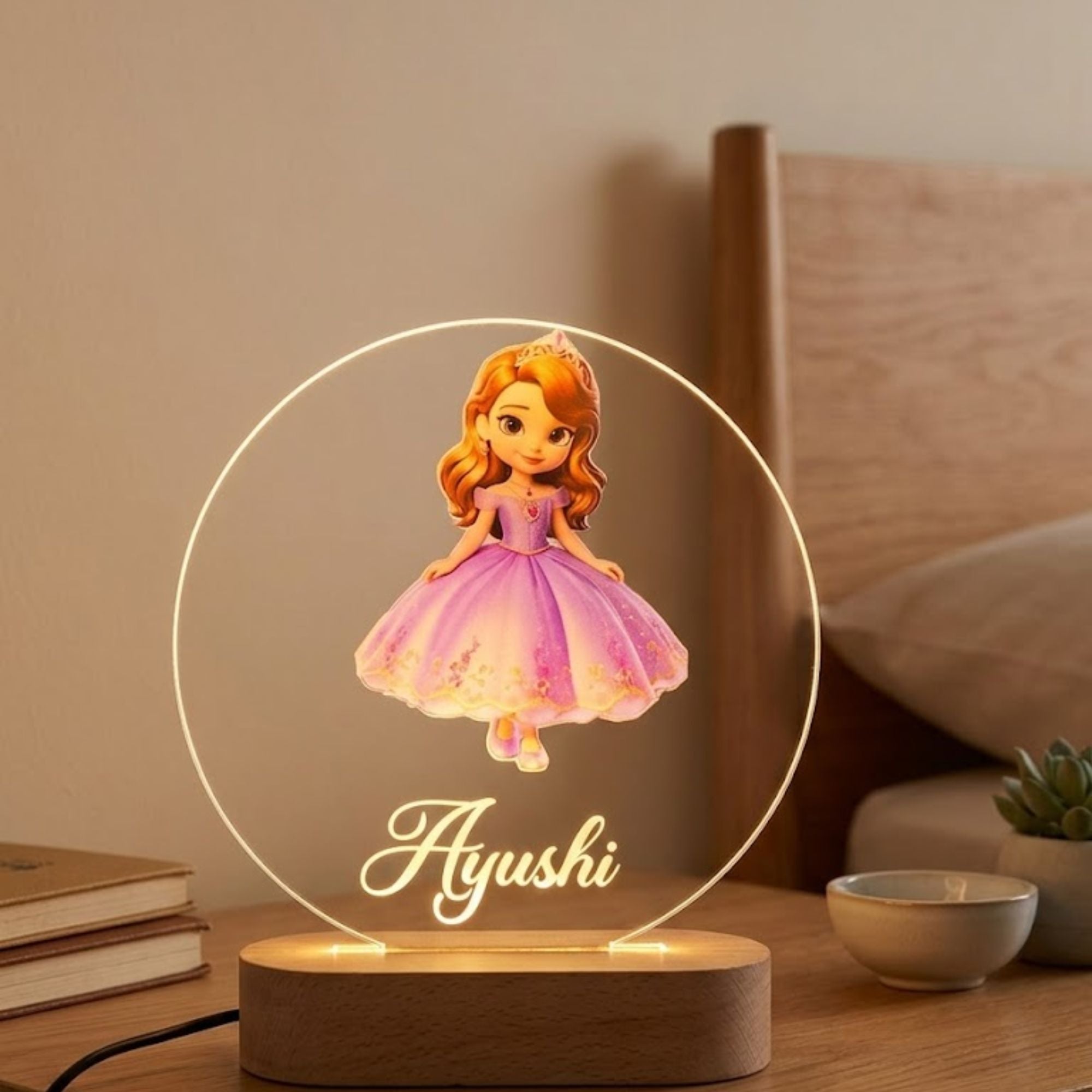 Shayona Gift Shop-Personalized Princess Night Light for Girls – Custom Name 3D LED Acrylic Bedside Lamp with Wooden Base, Warm Glowing Fairy Tale Desk Light for Kids Bedroom, Nursery Decor, Birthday & Baby Shower Gift