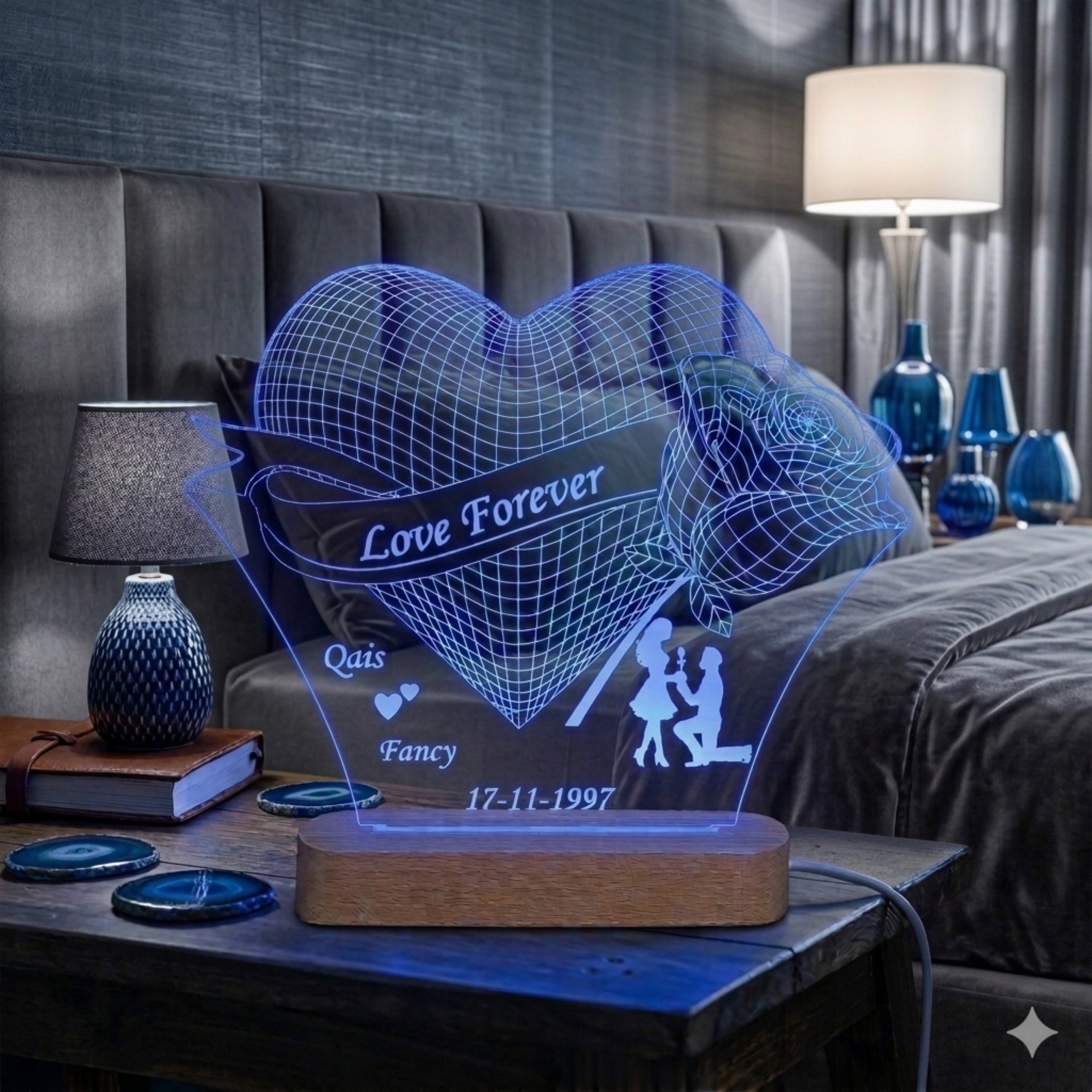 Shayona Gift Shop-Personalized 3D Heart Rose Acrylic LED Lamp – Custom Couple Names, Proposal Silhouette & Date Romantic Night Light