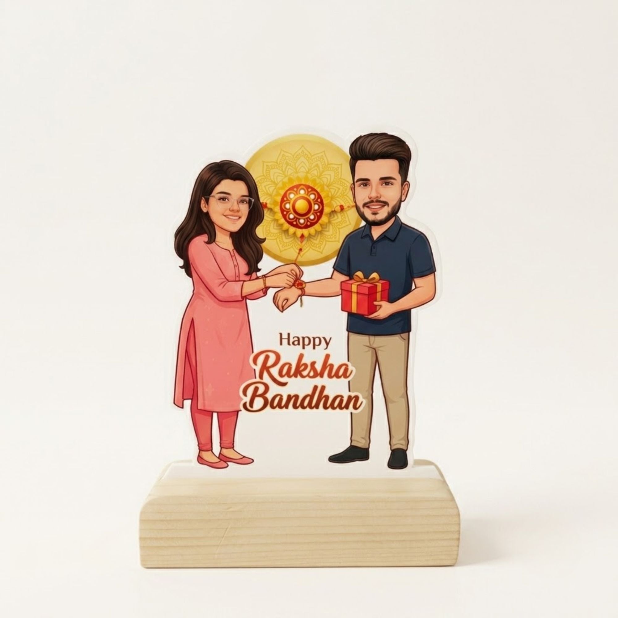 Shayona Gift Shop-Personalized Happy Raksha Bandhan Brother Sister Caricature Standee | Custom Photo Wooden Acrylic Gift Frame for Bhaiya