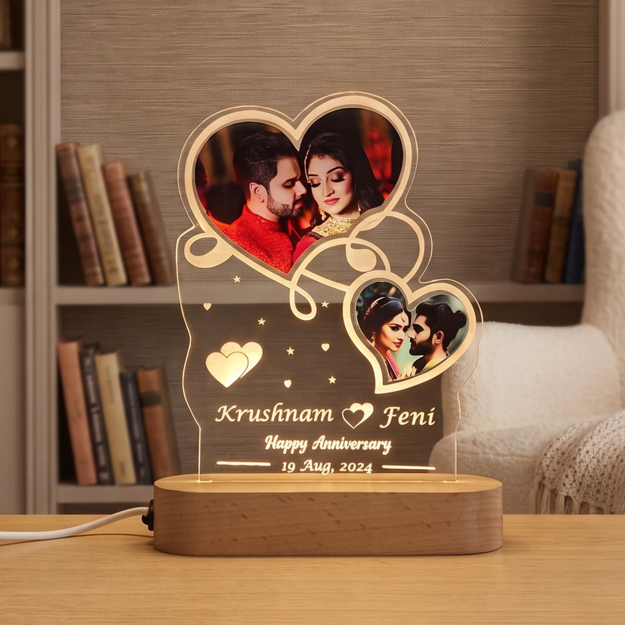 Shayona Gift Shop-Personalized  Photo Heart Acrylic LED Lamp – Custom Couple Names, Date & Anniversary Night Light Lamp for Couples