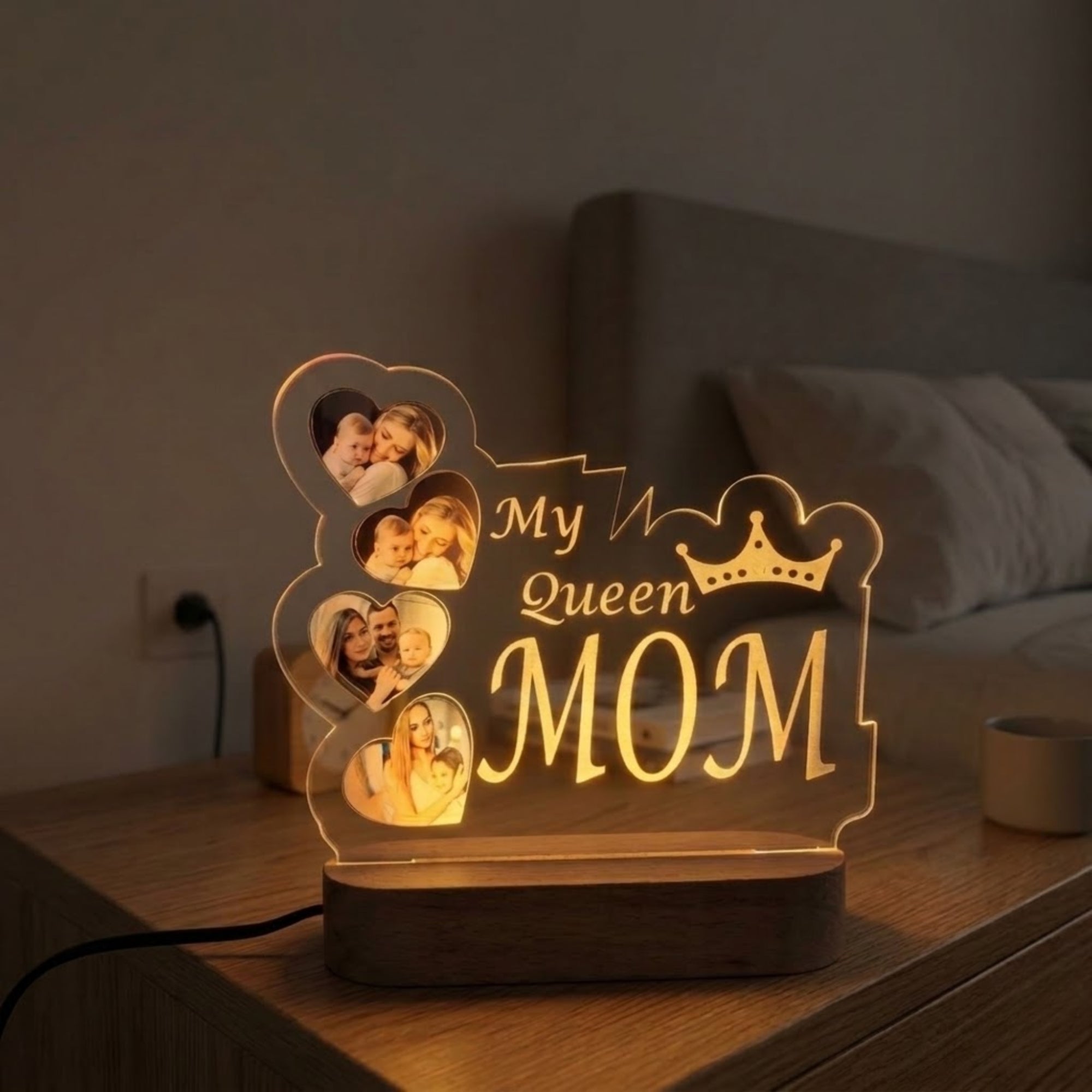 Shayona Gift Shop- Personalized "My Queen Mom" Photo Night Light | Custom 4-Photo Heart Collage Acrylic Lamp | Mother's Day Gift