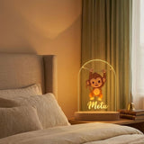Shayona Gift Shop-Custom Name Kids Night Light - Personalized Cute Monkey LED Acrylic Lamp with Wooden Base, Warm White Cartoon Nursery Light, Unique Birthday & New Born Baby Gift