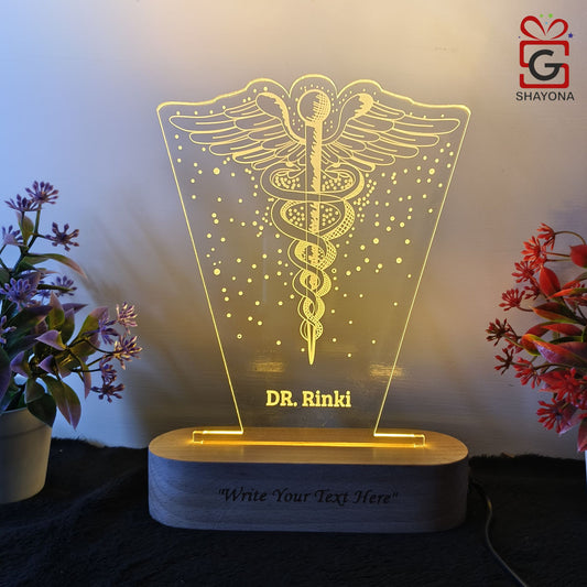 Shayona Gift Shop-Personalized  Medical Symbol Acrylic LED Name Plate Lamp | Custom Doctor Name Engraved Desk Light with Wooden Base | Professional Gift for Doctors, Surgeons & Medical Graduates