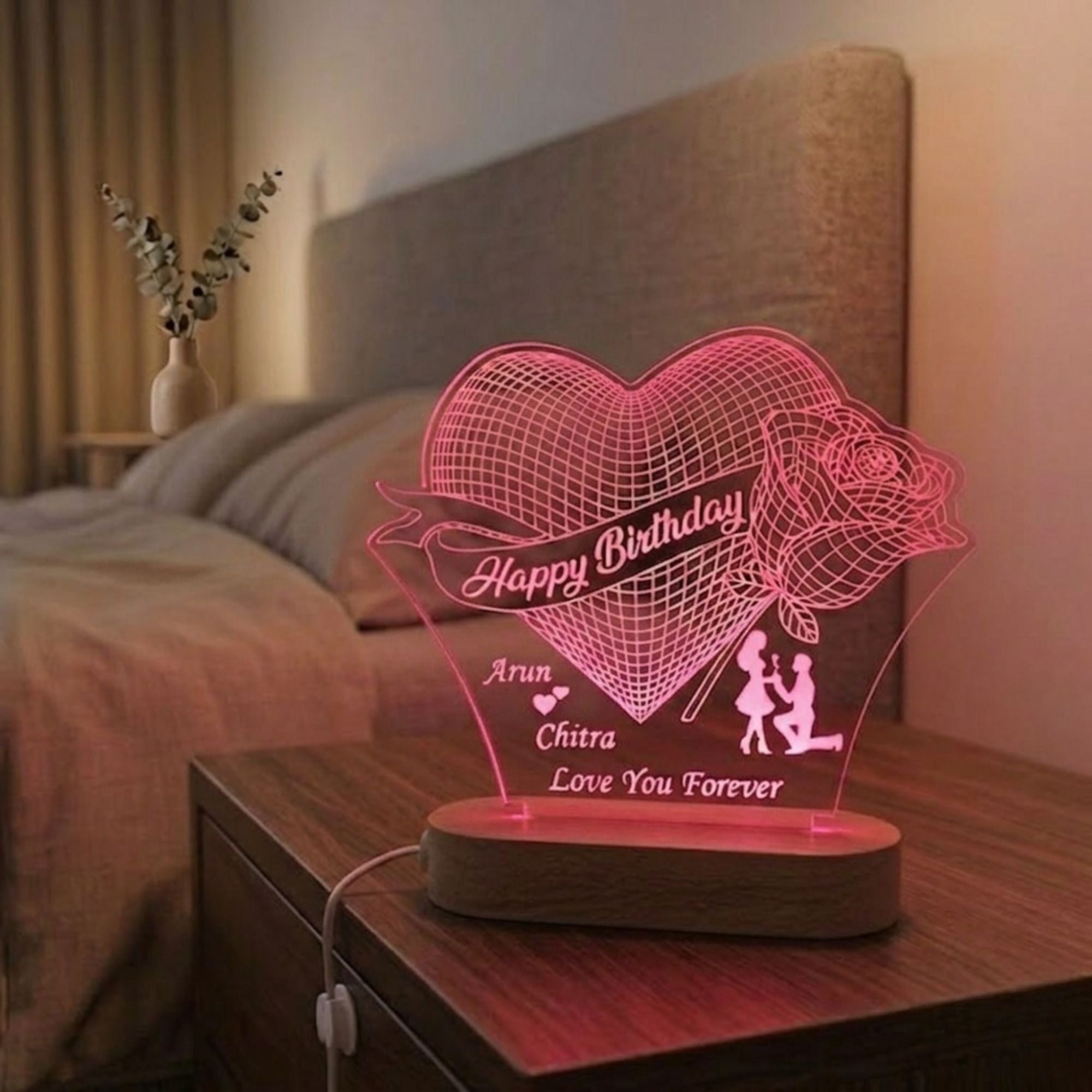 Shayona Gift Shop-Personalized Heart & Rose Birthday Acrylic LED Lamp – Custom Names, Proposal Silhouette & Loving Message Night Light