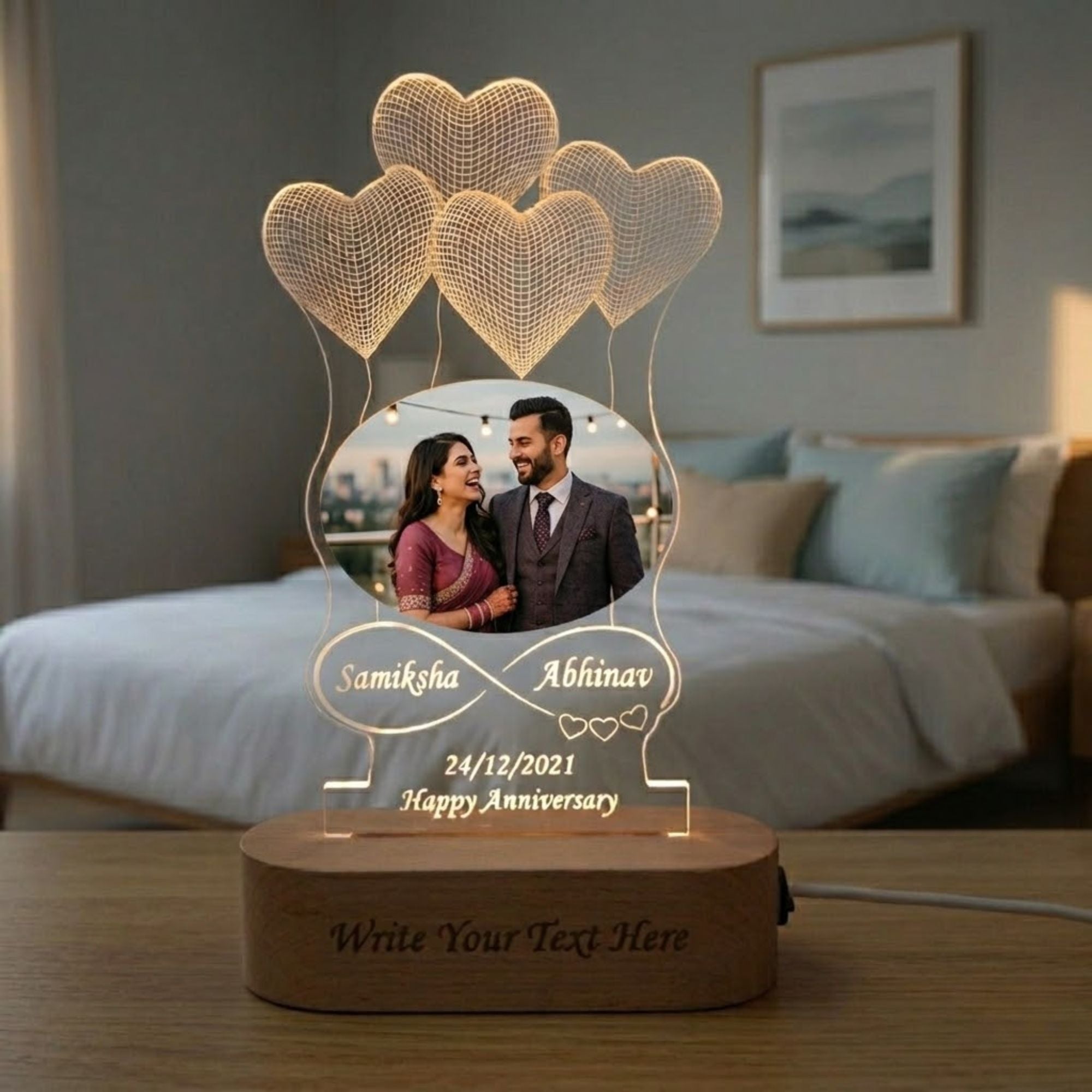 Shayona Gift Shop-Personalized Heart Balloons Oval Photo Acrylic LED Lamp | Custom Couple Infinity Name & Anniversary Date Desk Light with Wooden Base | Romantic Gift for Valentine's Day, Anniversary & Wedding