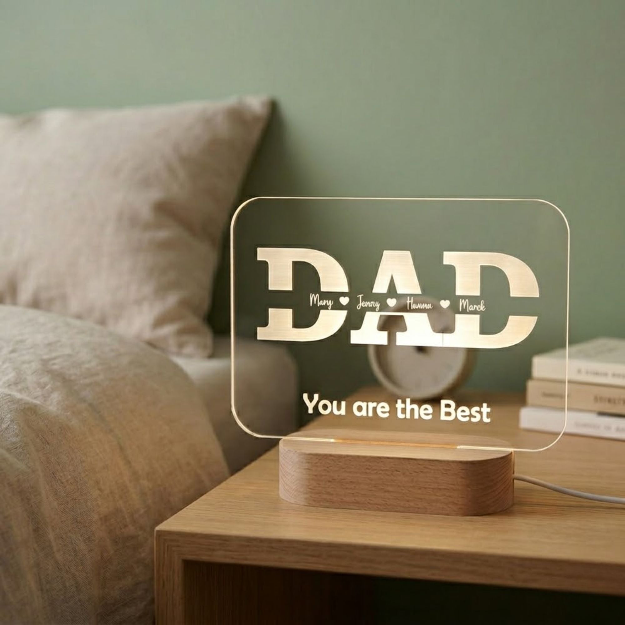 Shayona Gift Shop-Personalized Dad Name Acrylic LED Night Light with Wooden Base – Custom Kids Names Engraved DAD Plaque Light for Father's Day, Birthday & Desk Decor