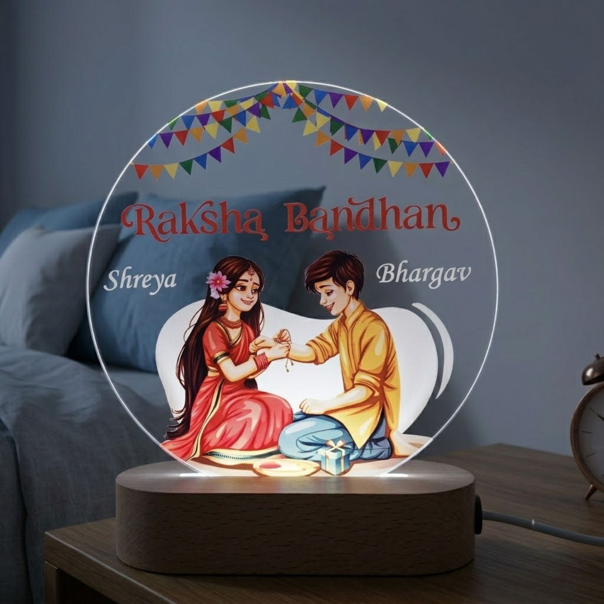 Shayona Gift Shop-Personalized Raksha Bandhan 3D Acrylic LED Night Light | Customized Brother & Sister Name Desk Lamp with Wooden Base | Special Rakhi Gift for Brother & Sister