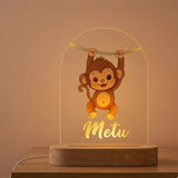 Shayona Gift Shop-Custom Name Kids Night Light - Personalized Cute Monkey LED Acrylic Lamp with Wooden Base, Warm White Cartoon Nursery Light, Unique Birthday & New Born Baby Gift