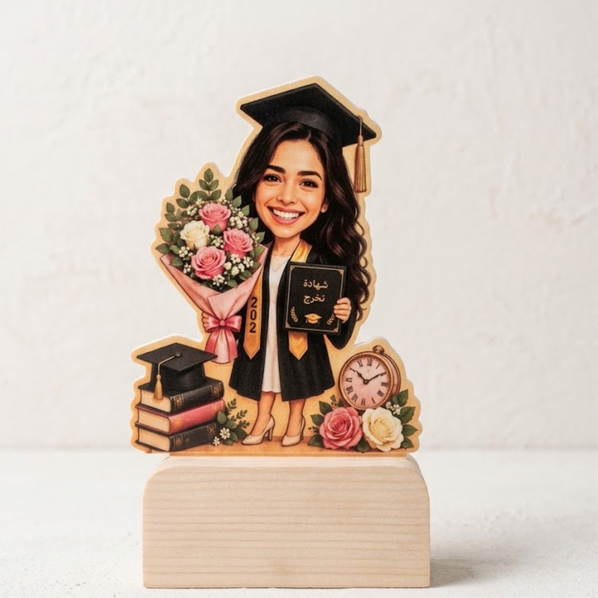 Shayona Gift Shop Personalized Female Graduation Caricature Wooden Stand | Custom Graduate Desk Plaque with Bouquet & Diploma | Unique Keepsake Gift for Her