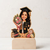 Shayona Gift Shop Personalized Female Graduation Caricature Wooden Stand | Custom Graduate Desk Plaque with Bouquet & Diploma | Unique Keepsake Gift for Her