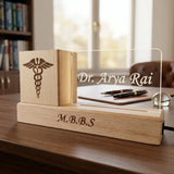 Shayona Gift Shop-Personalized Wooden Desk Organizer with LED Acrylic Doctor Nameplate & Pen Stand