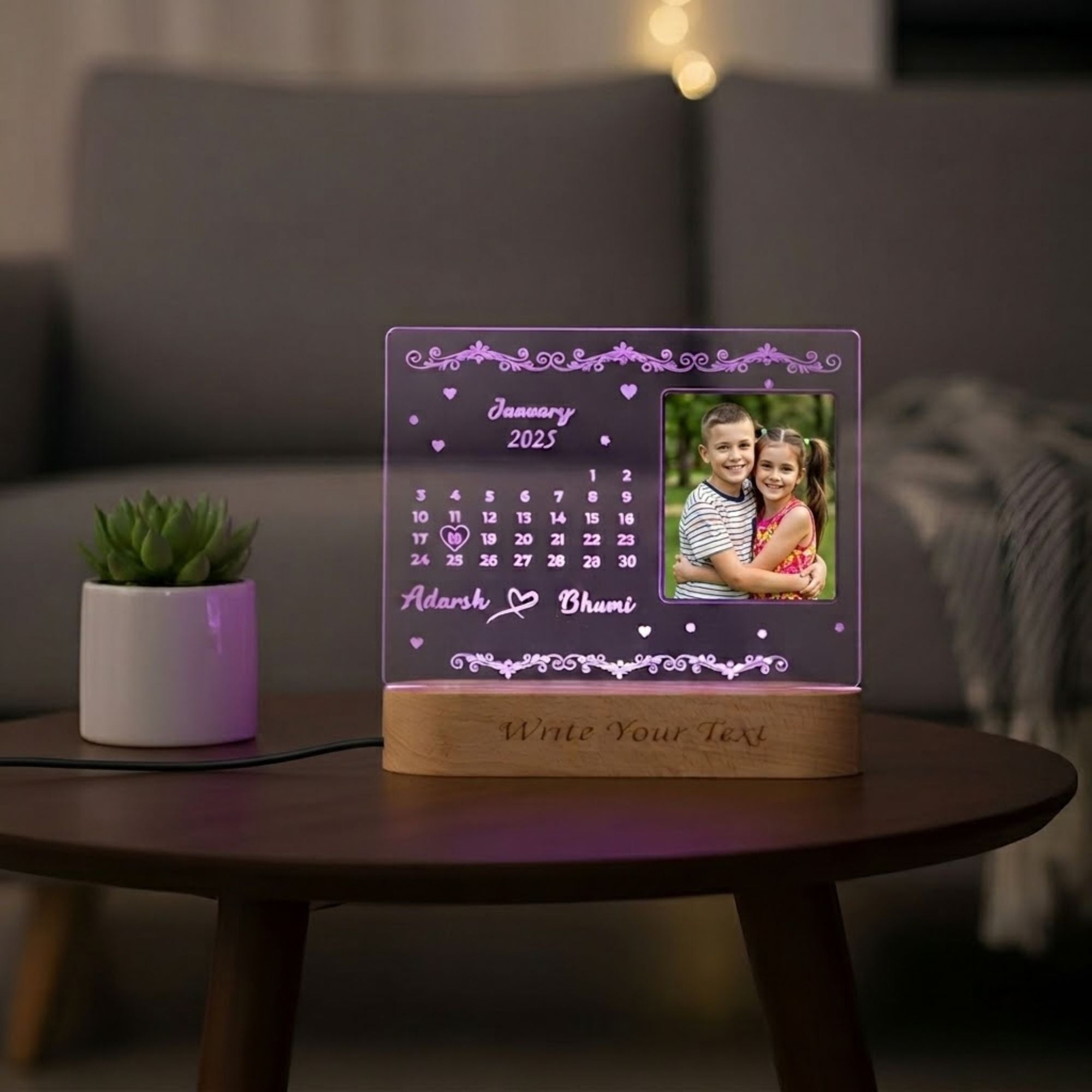 Shayona Gift Shop-Personalized Calendar Date Highlight Photo Acrylic LED Lamp | Custom Save the Date Photo Frame Night Light with Wooden Base | Romantic Gift for Anniversary, Birthday & Valentine's Day