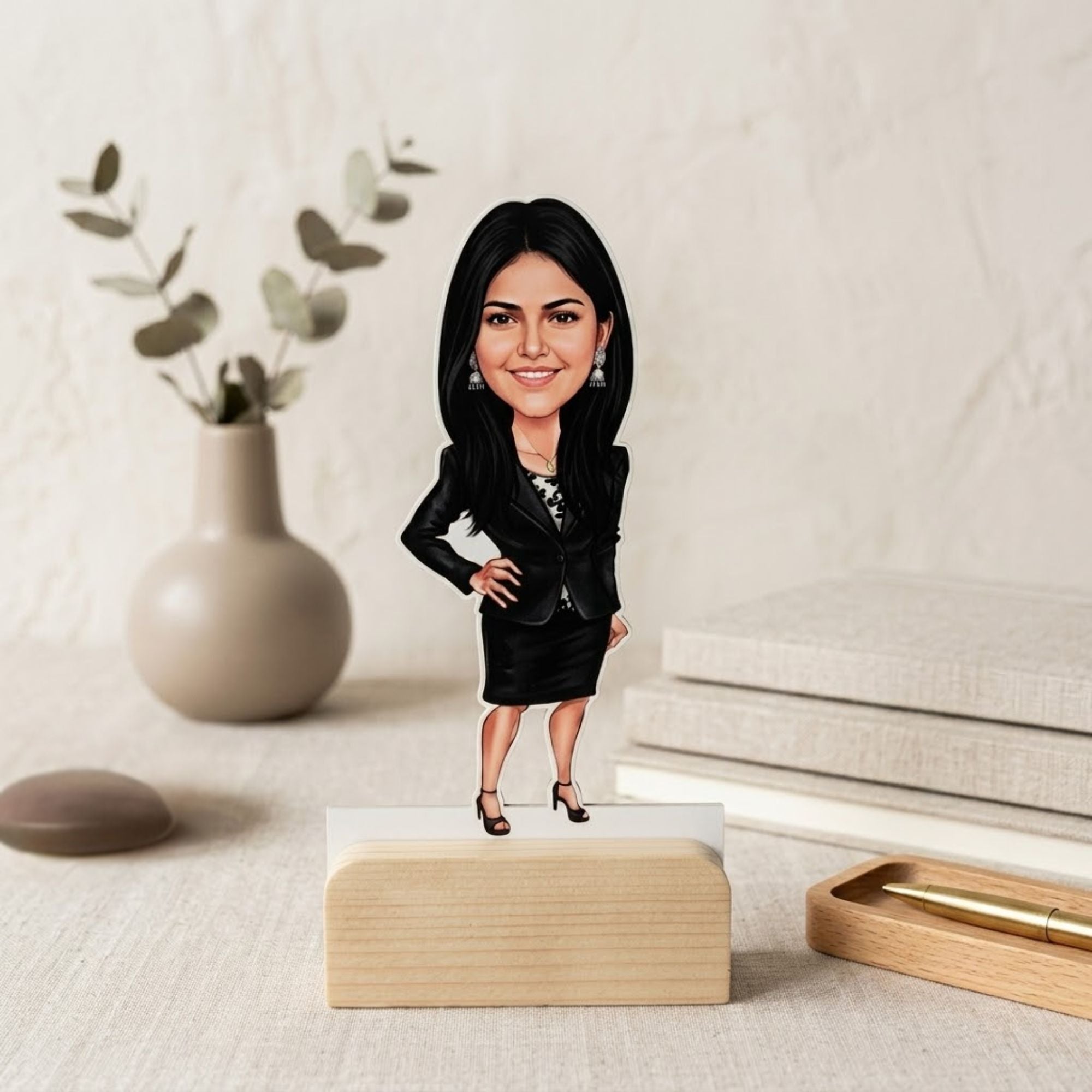 Shayona Gift Shop-Personalized Boss Caricature Photo Standee with Wooden Base | Custom Professional Woman Acrylic Desk Standee | Unique Gift for Sister, Wife, Female Boss, Lawyer & Corporate Women