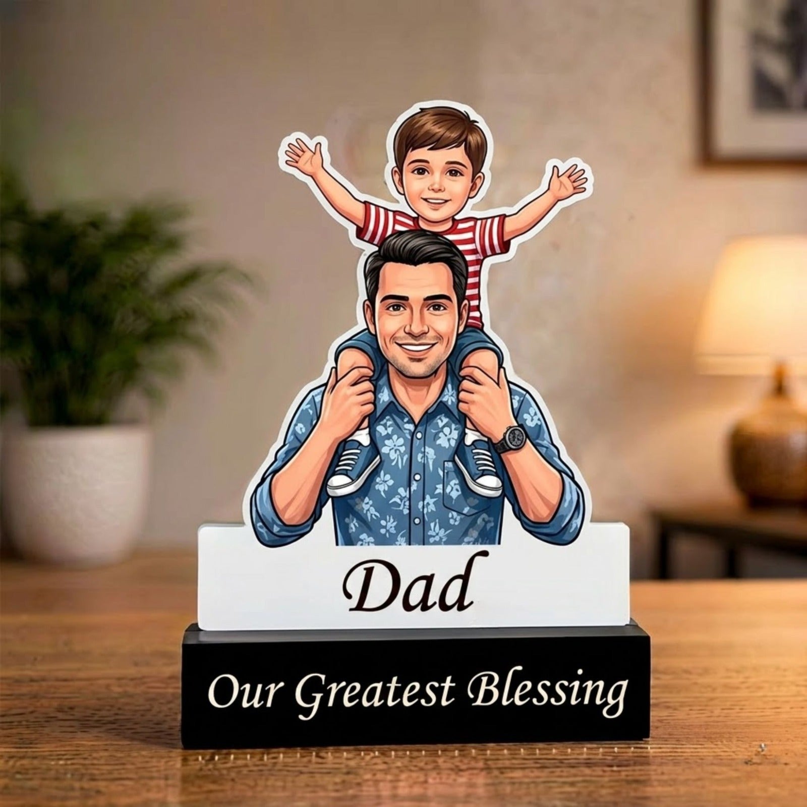 Shyona Gift Shop-Custom Father’s Day Cartoon Portrait Acrylic Plaque – Personalized Dad and Son Keepsake Trophy with Engraved Base, "My Father Is My Backbone" Unique Gift for Dad, Birthday & Anniversary Desk Decor