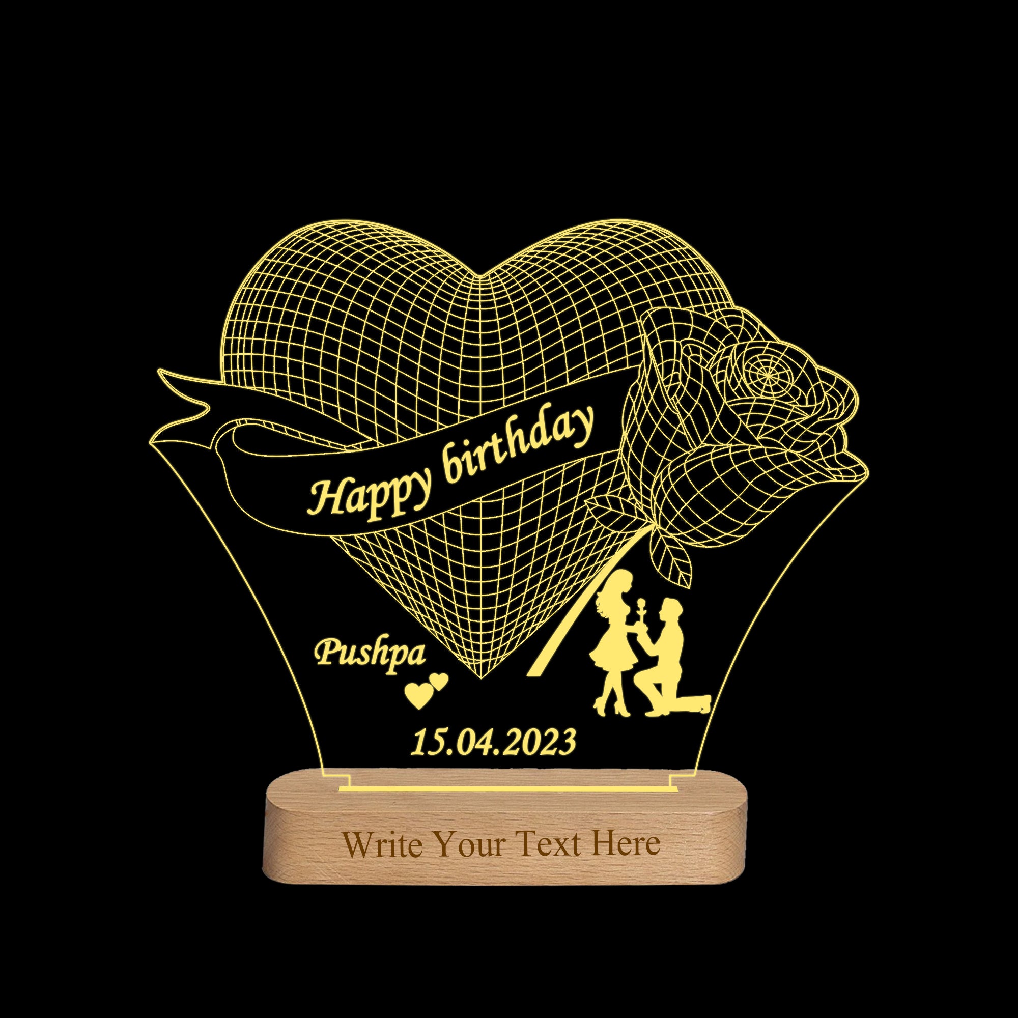 Shayona Gift Shop-Personalized Heart & Rose Birthday Acrylic LED Lamp – Custom Names, Proposal Silhouette & Loving Message Night Light