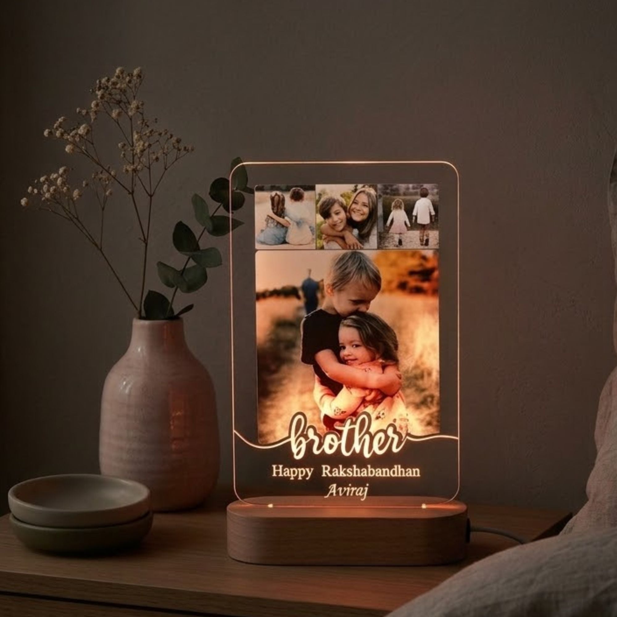 Shayona Gift Shop-Personalized Brother-Sister LED Photo Lamp | Rakshabandhan Gift | Custom Acrylic Frame with Light