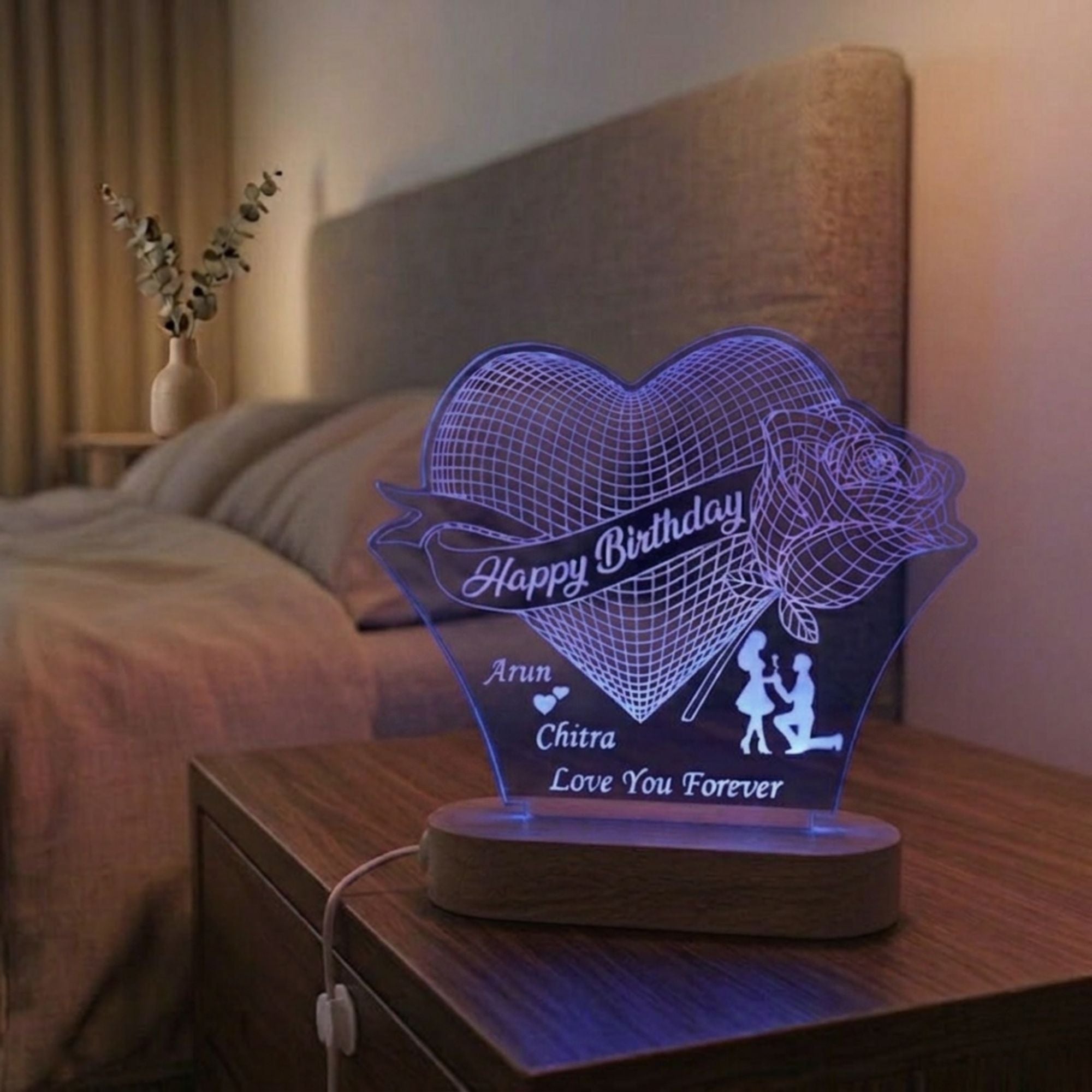 Shayona Gift Shop-Personalized Heart & Rose Birthday Acrylic LED Lamp – Custom Names, Proposal Silhouette & Loving Message Night Light