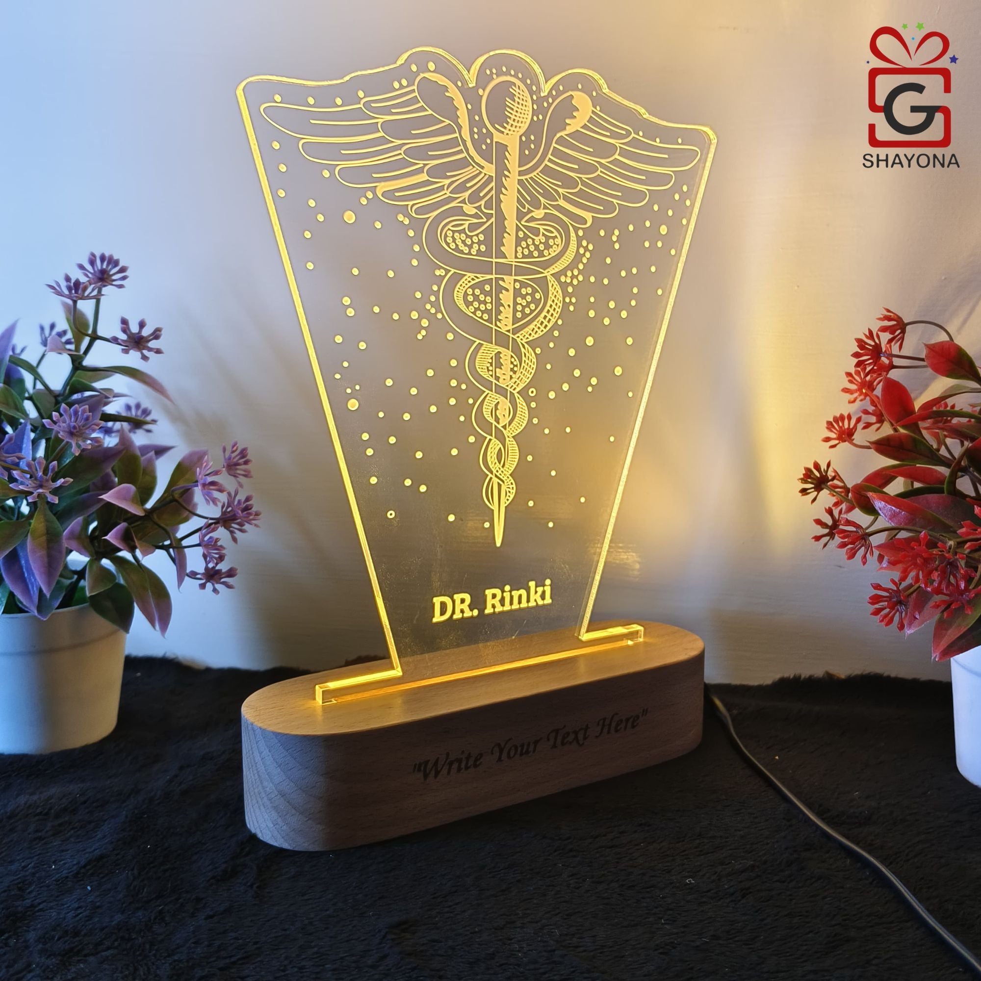 Shayona Gift Shop-Personalized  Medical Symbol Acrylic LED Name Plate Lamp | Custom Doctor Name Engraved Desk Light with Wooden Base | Professional Gift for Doctors, Surgeons & Medical Graduates