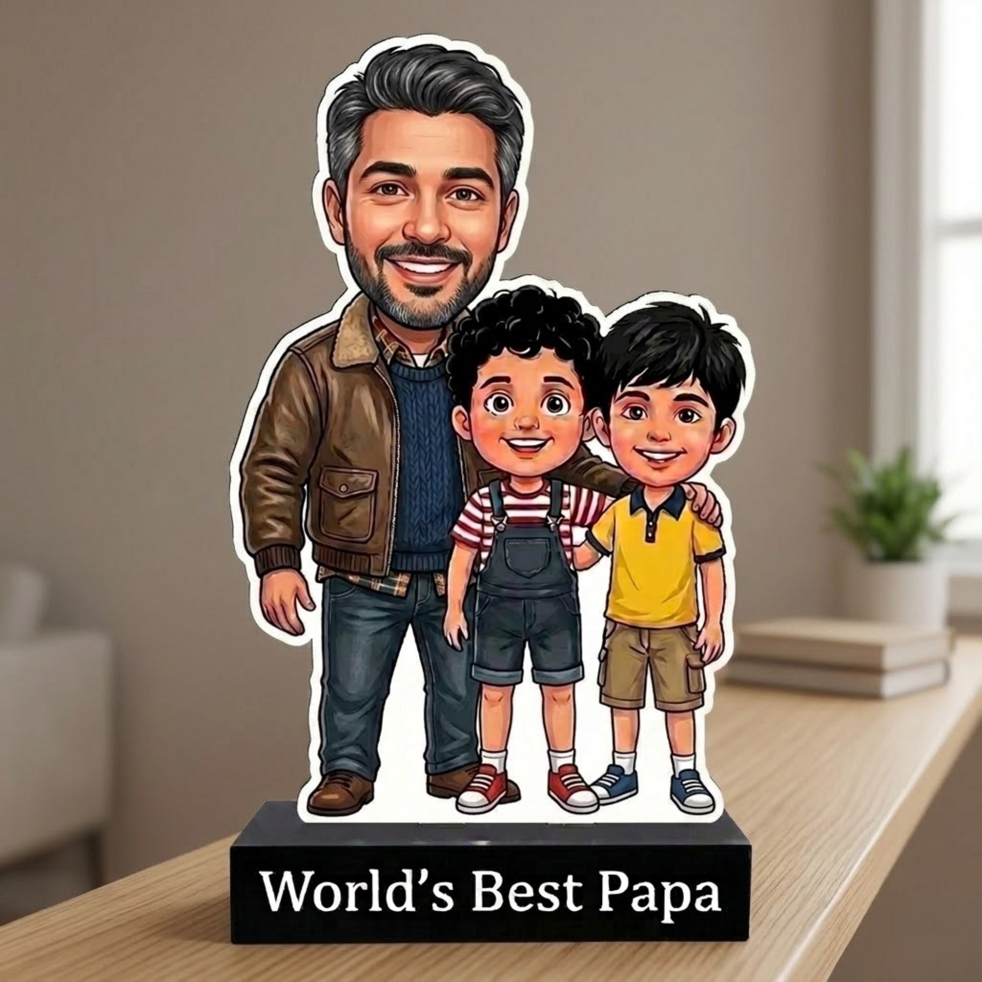 Shayona Gift Shop-Personalized Dad and Sons Caricature Stand | Custom Father’s Day Gift from Boys | 3D Custom Photo Acrylic Portrait Tabletop Decor for Office Desk