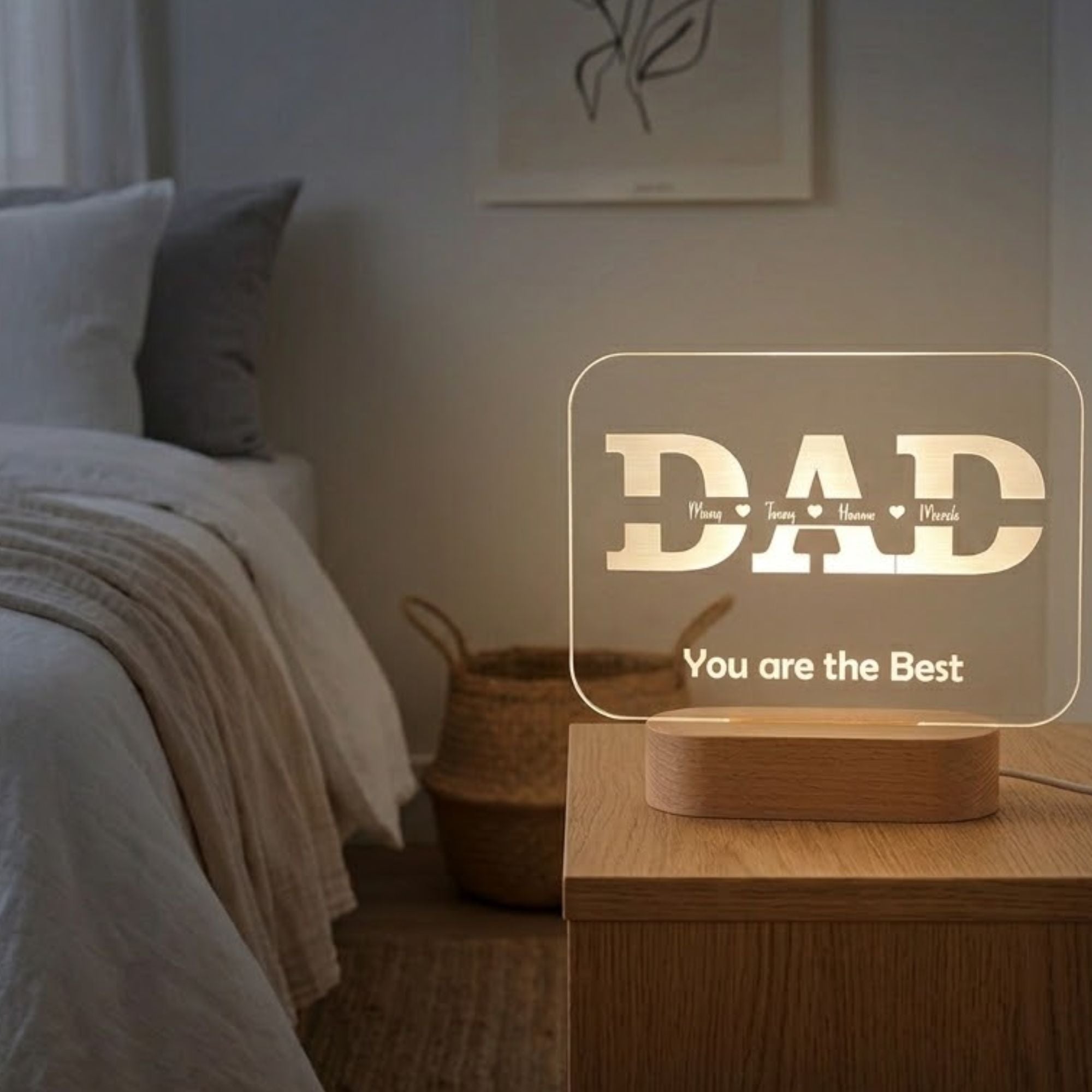 Shayona Gift Shop-Personalized Dad Name Acrylic LED Night Light with Wooden Base – Custom Kids Names Engraved DAD Plaque Light for Father's Day, Birthday & Desk Decor