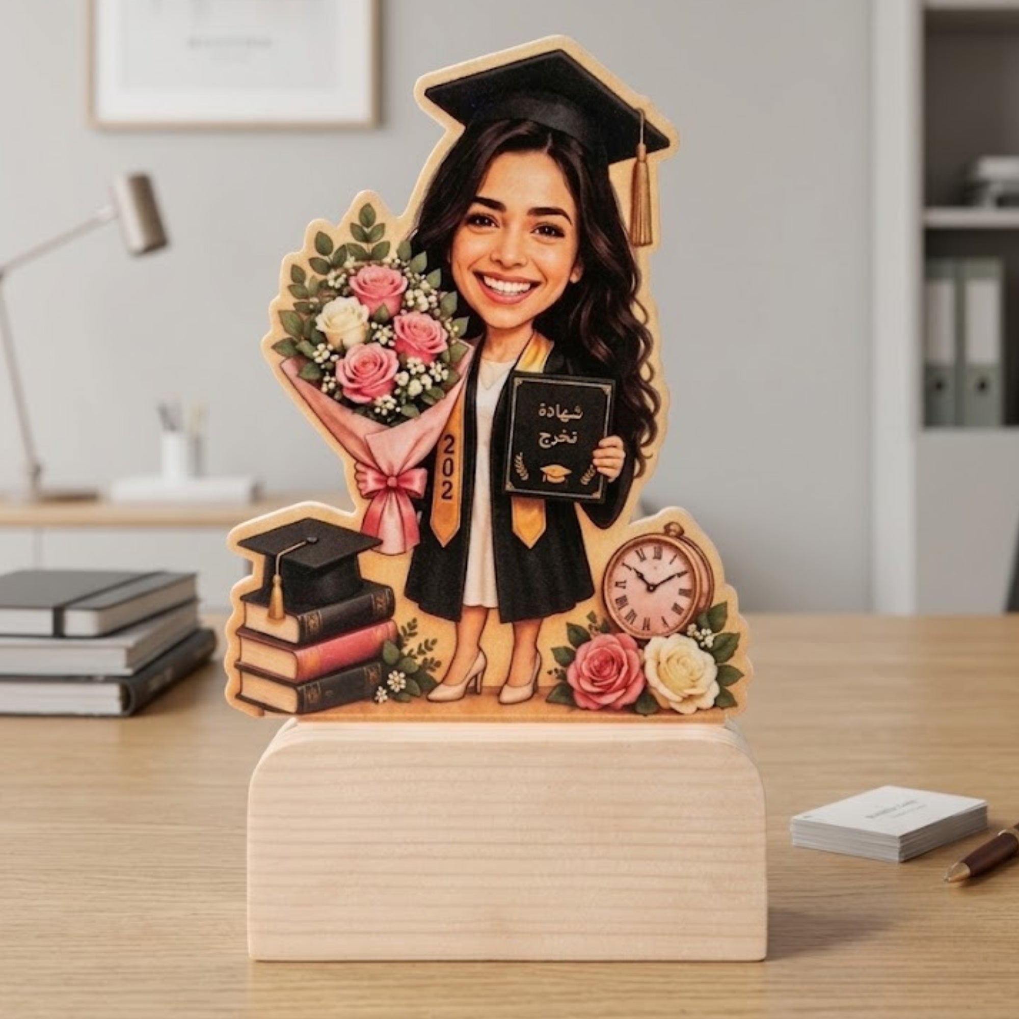 Shayona Gift Shop Personalized Female Graduation Caricature Wooden Stand | Custom Graduate Desk Plaque with Bouquet & Diploma | Unique Keepsake Gift for Her