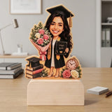Shayona Gift Shop Personalized Female Graduation Caricature Wooden Stand | Custom Graduate Desk Plaque with Bouquet & Diploma | Unique Keepsake Gift for Her
