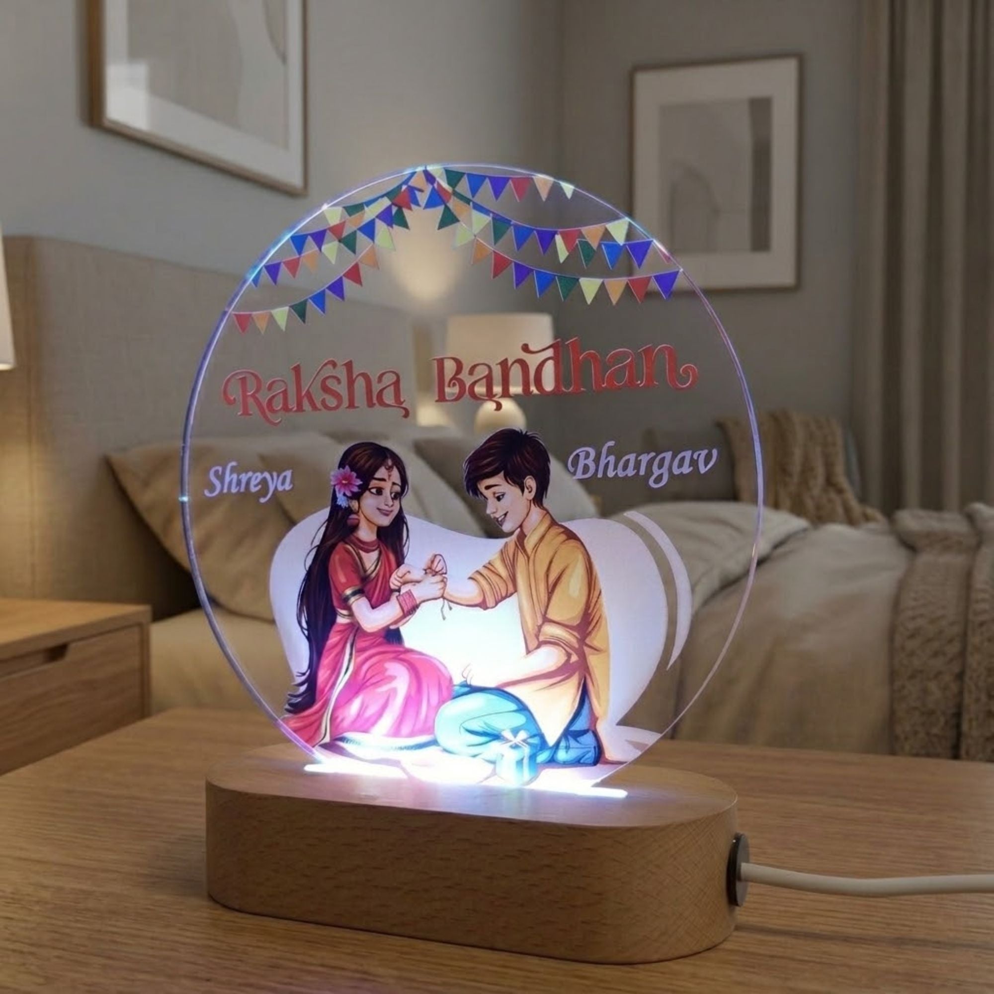 Shayona Gift Shop-Personalized Raksha Bandhan 3D Acrylic LED Night Light | Customized Brother & Sister Name Desk Lamp with Wooden Base | Special Rakhi Gift for Brother & Sister