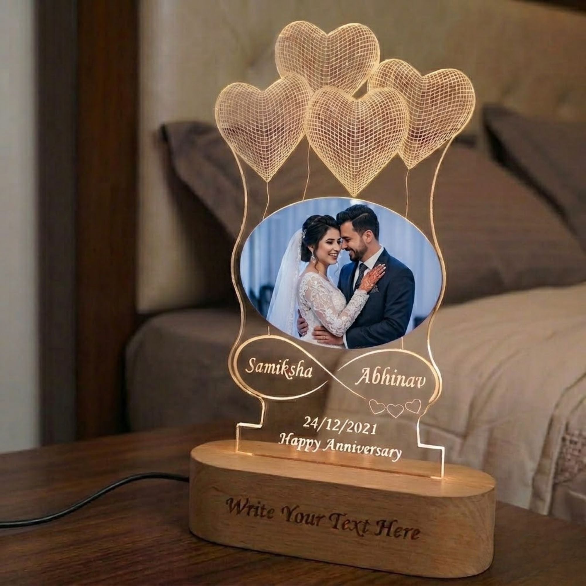 Shayona Gift Shop-Personalized Heart Balloons Oval Photo Acrylic LED Lamp | Custom Couple Infinity Name & Anniversary Date Desk Light with Wooden Base | Romantic Gift for Valentine's Day, Anniversary & Wedding