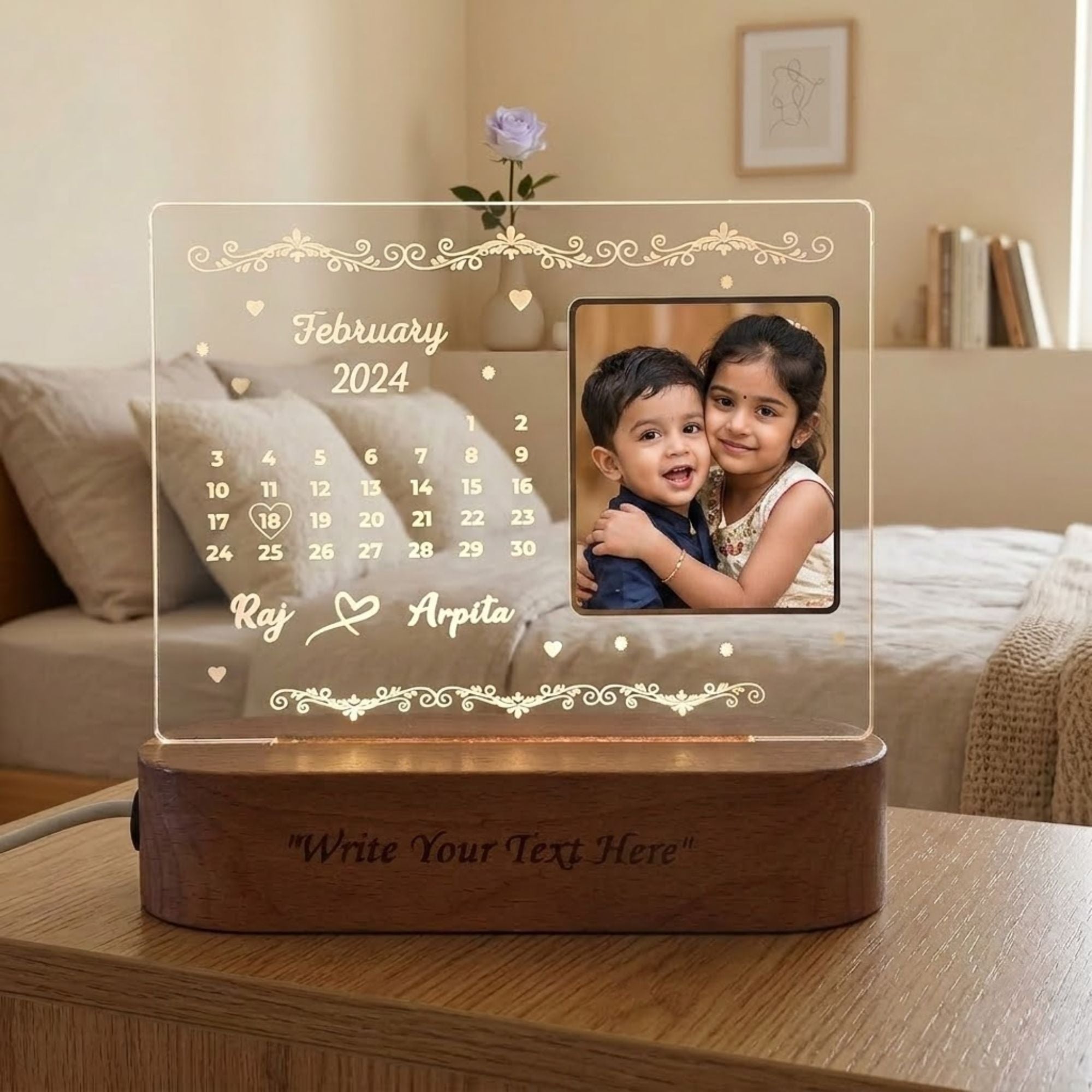 Shayona Gift Shop-Personalized Calendar Date Highlight Photo Acrylic LED Lamp | Custom Save the Date Photo Frame Night Light with Wooden Base | Romantic Gift for Anniversary, Birthday & Valentine's Day