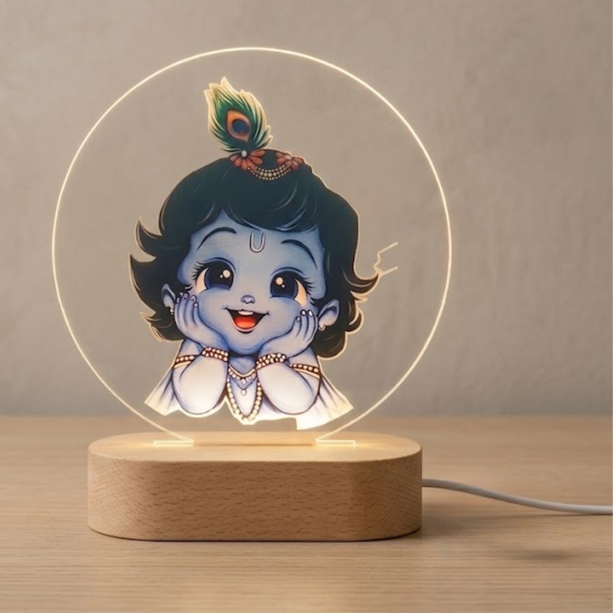 Shayona Gift Shop-Bal Krishna LED Table Lamp | Kanha Ji Night Light with Wooden Base | Krishna Decorative Lamp for Bedroom, Pooja Room & Home Decor