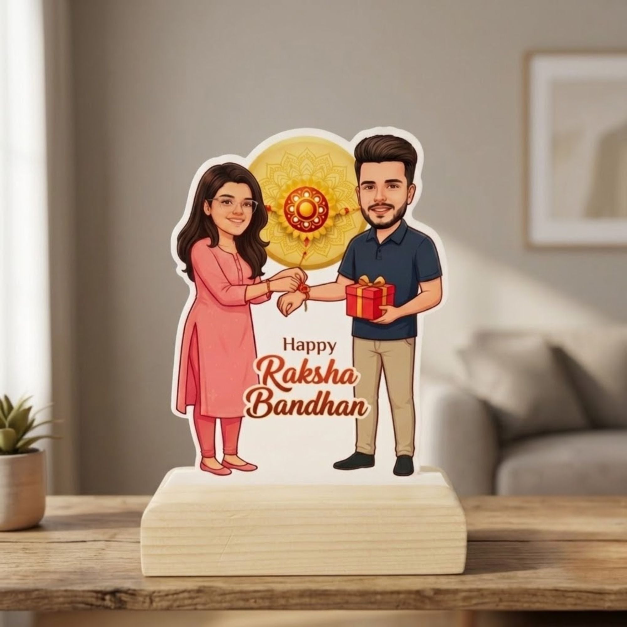 Shayona Gift Shop-Personalized Happy Raksha Bandhan Brother Sister Caricature Standee | Custom Photo Wooden Acrylic Gift Frame for Bhaiya