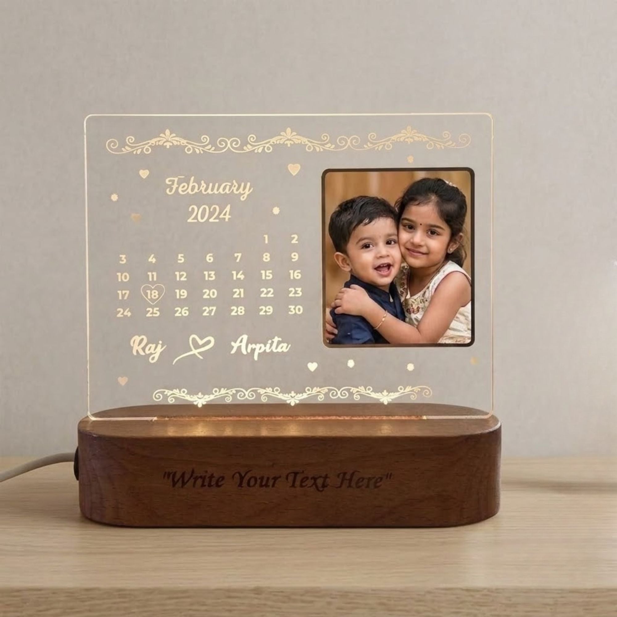 Shayona Gift Shop-Personalized Calendar Date Highlight Photo Acrylic LED Lamp | Custom Save the Date Photo Frame Night Light with Wooden Base | Romantic Gift for Anniversary, Birthday & Valentine's Day