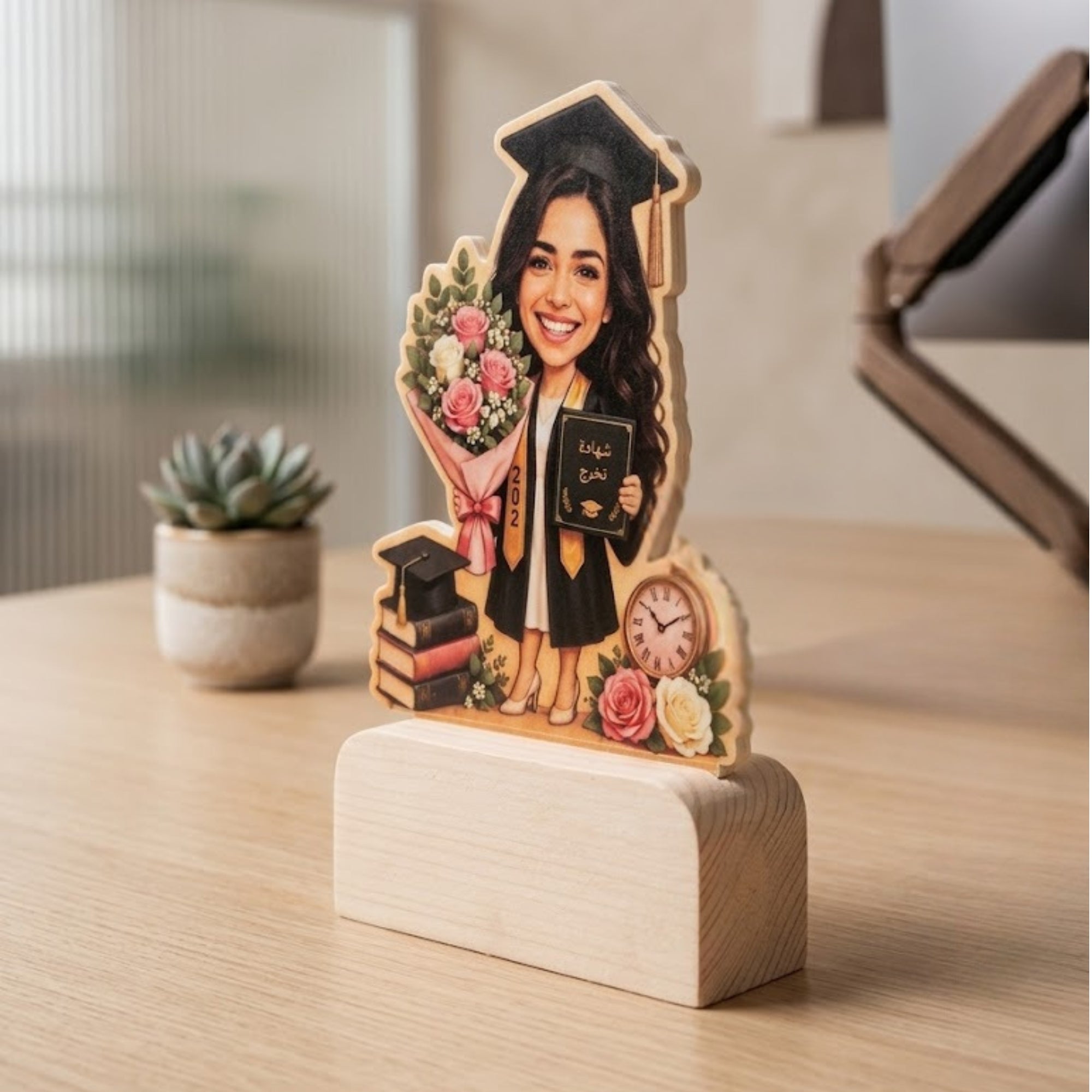 Shayona Gift Shop Personalized Female Graduation Caricature Wooden Stand | Custom Graduate Desk Plaque with Bouquet & Diploma | Unique Keepsake Gift for Her