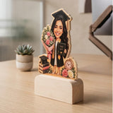 Shayona Gift Shop Personalized Female Graduation Caricature Wooden Stand | Custom Graduate Desk Plaque with Bouquet & Diploma | Unique Keepsake Gift for Her
