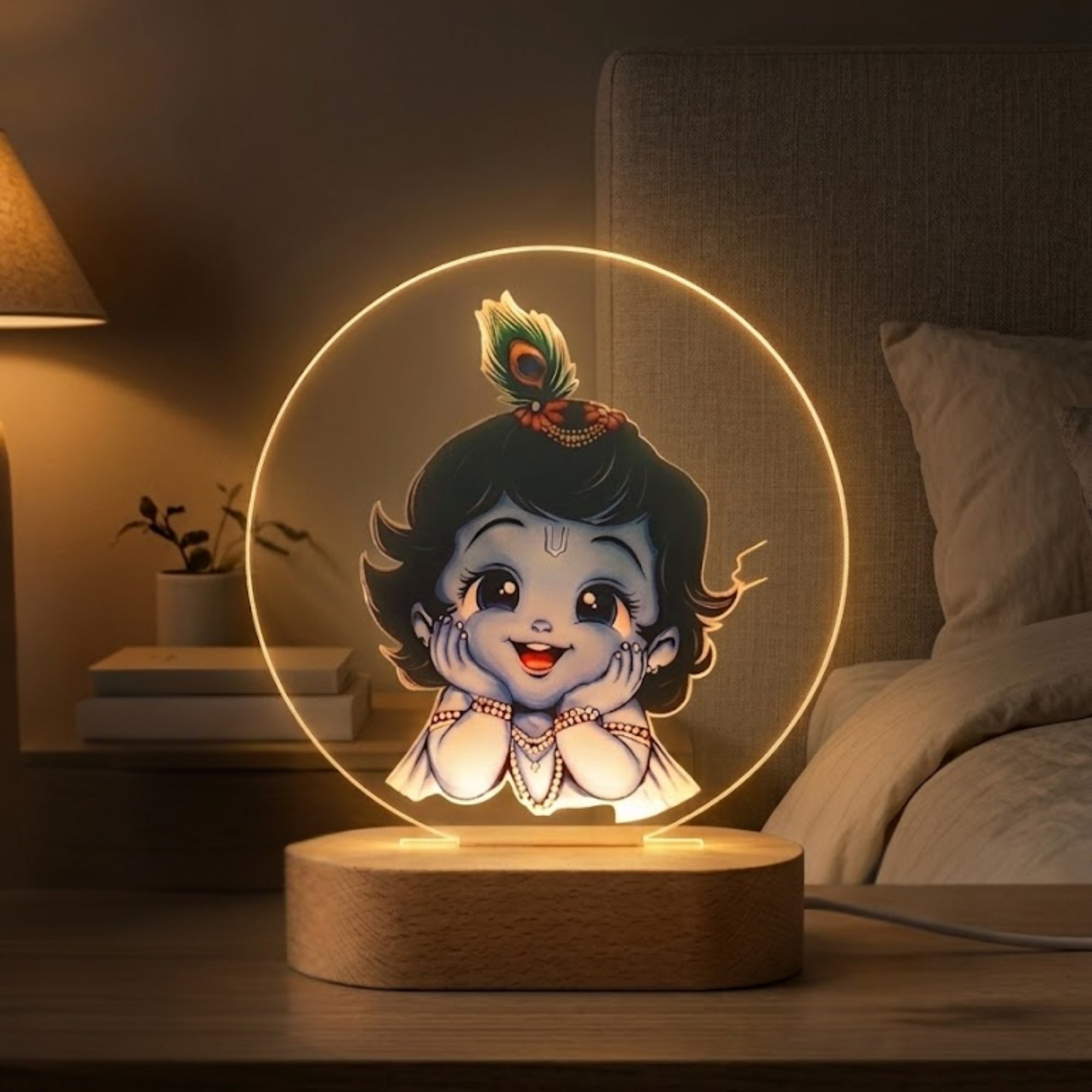 Shayona Gift Shop-Bal Krishna LED Table Lamp | Kanha Ji Night Light with Wooden Base | Krishna Decorative Lamp for Bedroom, Pooja Room & Home Decor