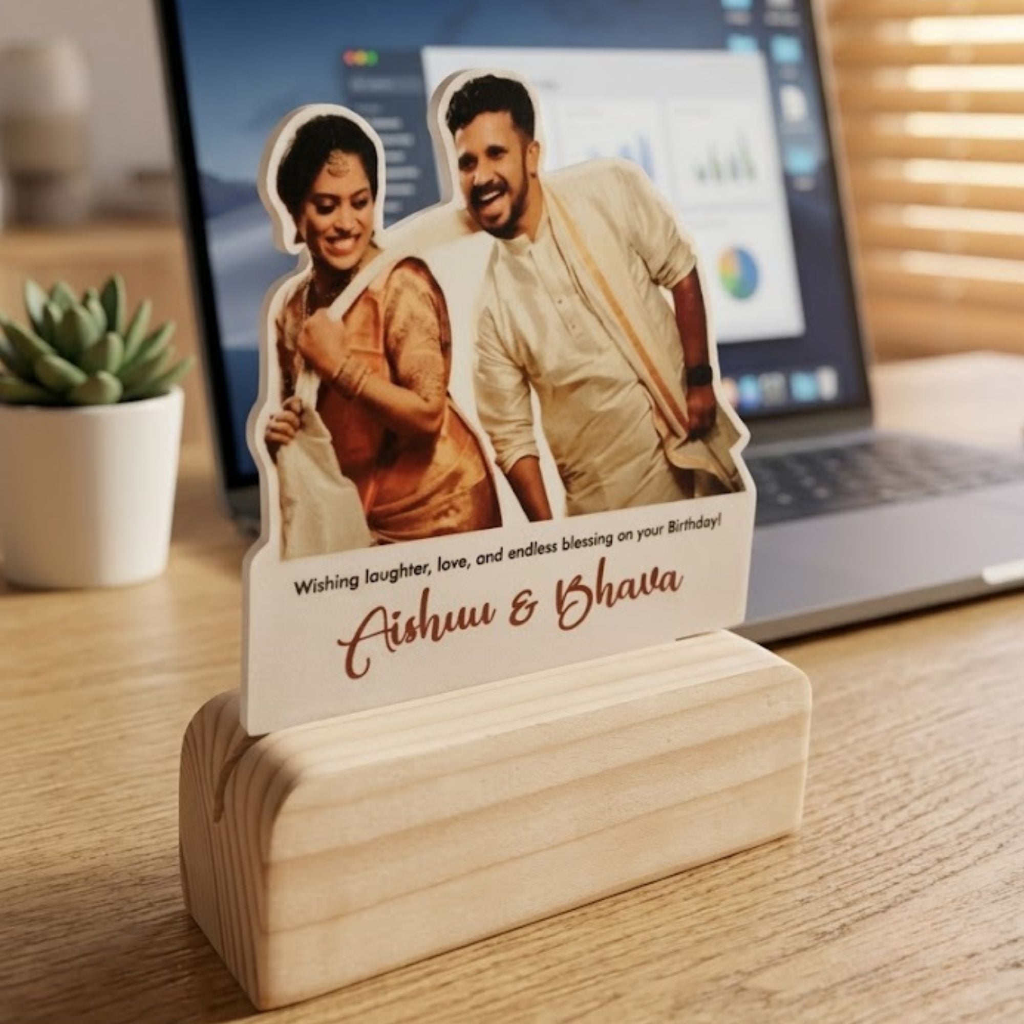 Shayona Gift Shop Personalized Couple Birthday Photo Cutout Standee | Custom Name & Wish Wooden Frame Gift for Husband, Wife & Partner