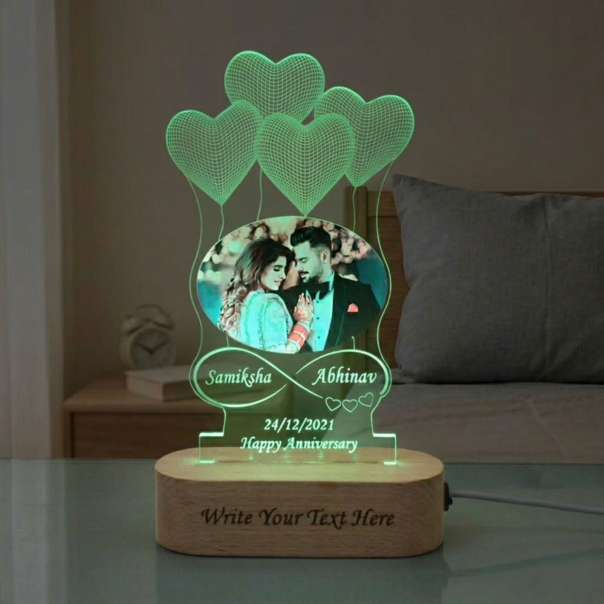 Shayona Gift Shop-Personalized Heart Balloons Oval Photo Acrylic LED Lamp | Custom Couple Infinity Name & Anniversary Date Desk Light with Wooden Base | Romantic Gift for Valentine's Day, Anniversary & Wedding