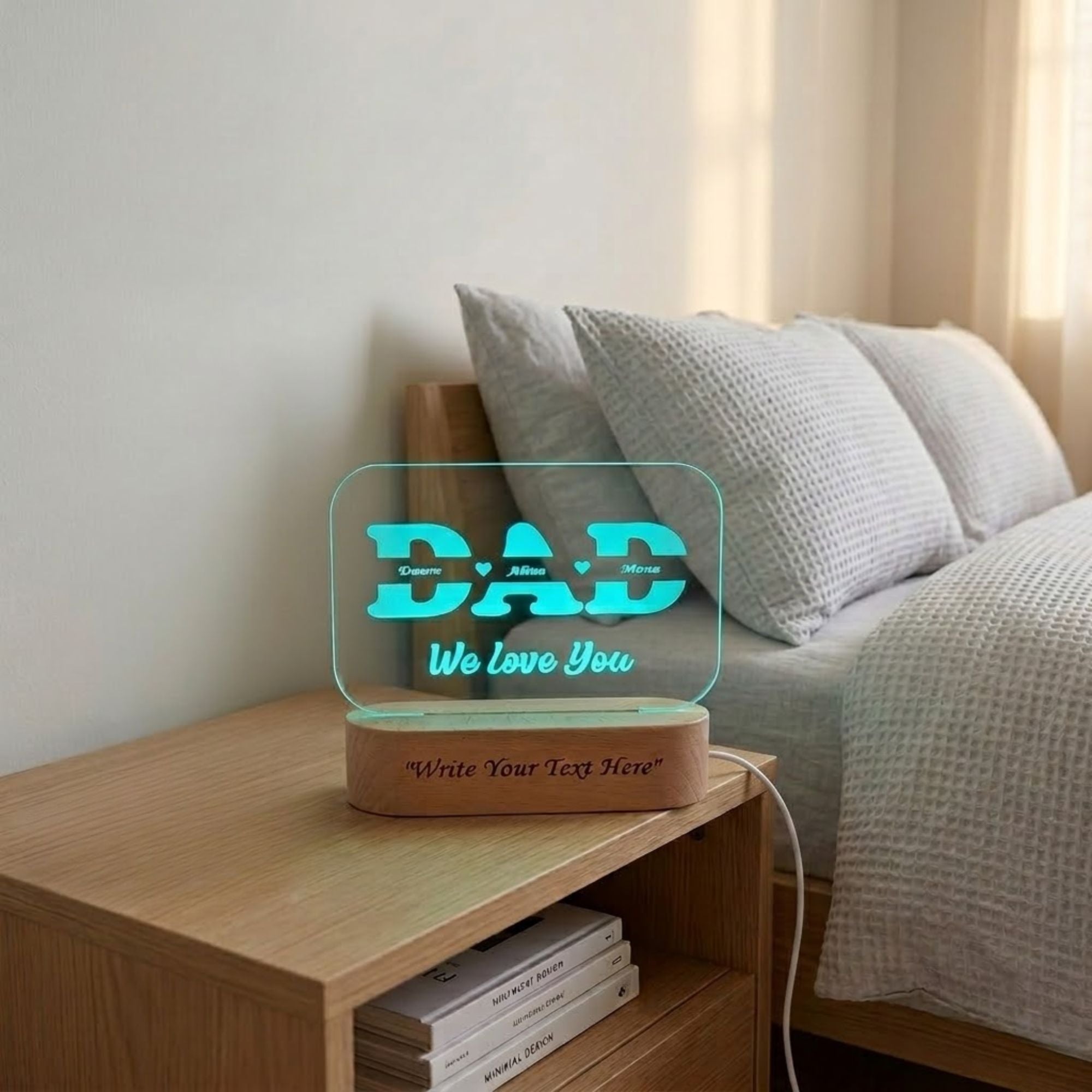Shayona Gift Shop-Personalized Dad Name Acrylic LED Night Light with Wooden Base – Custom Kids Names Engraved DAD Plaque Light for Father's Day, Birthday & Desk Decor