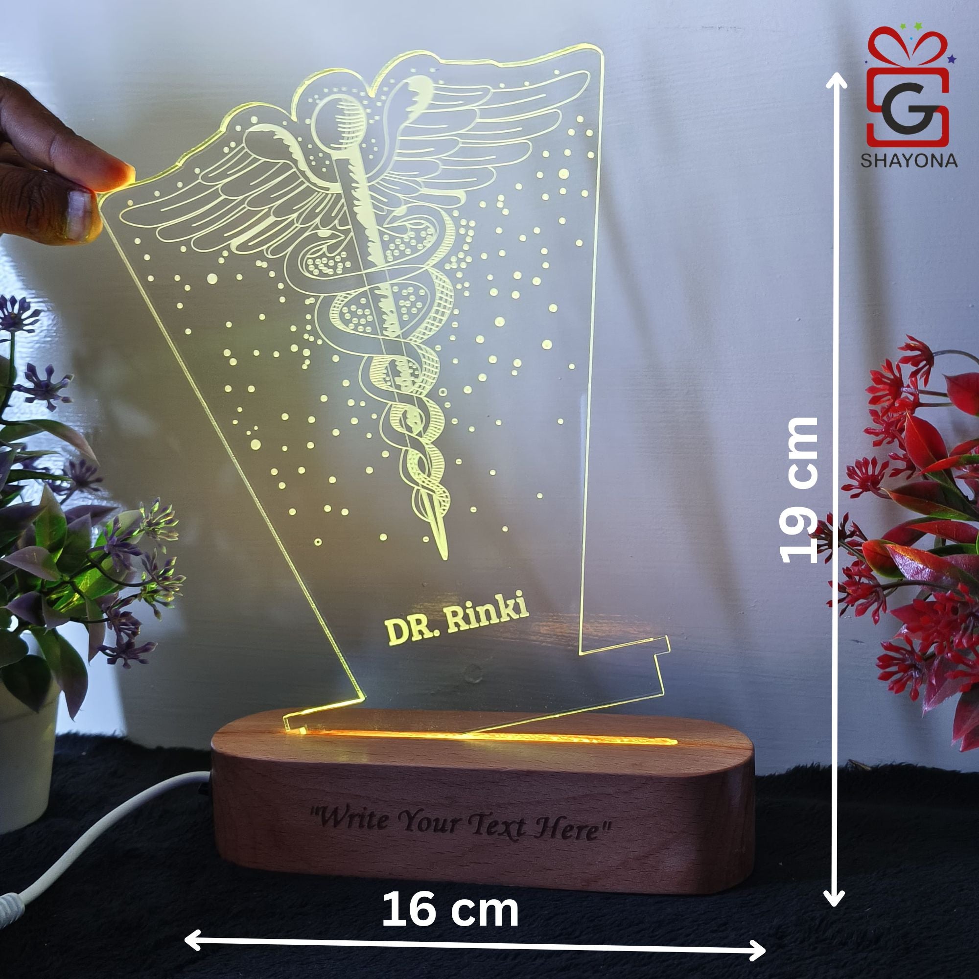 Shayona Gift Shop-Personalized  Medical Symbol Acrylic LED Name Plate Lamp | Custom Doctor Name Engraved Desk Light with Wooden Base | Professional Gift for Doctors, Surgeons & Medical Graduates