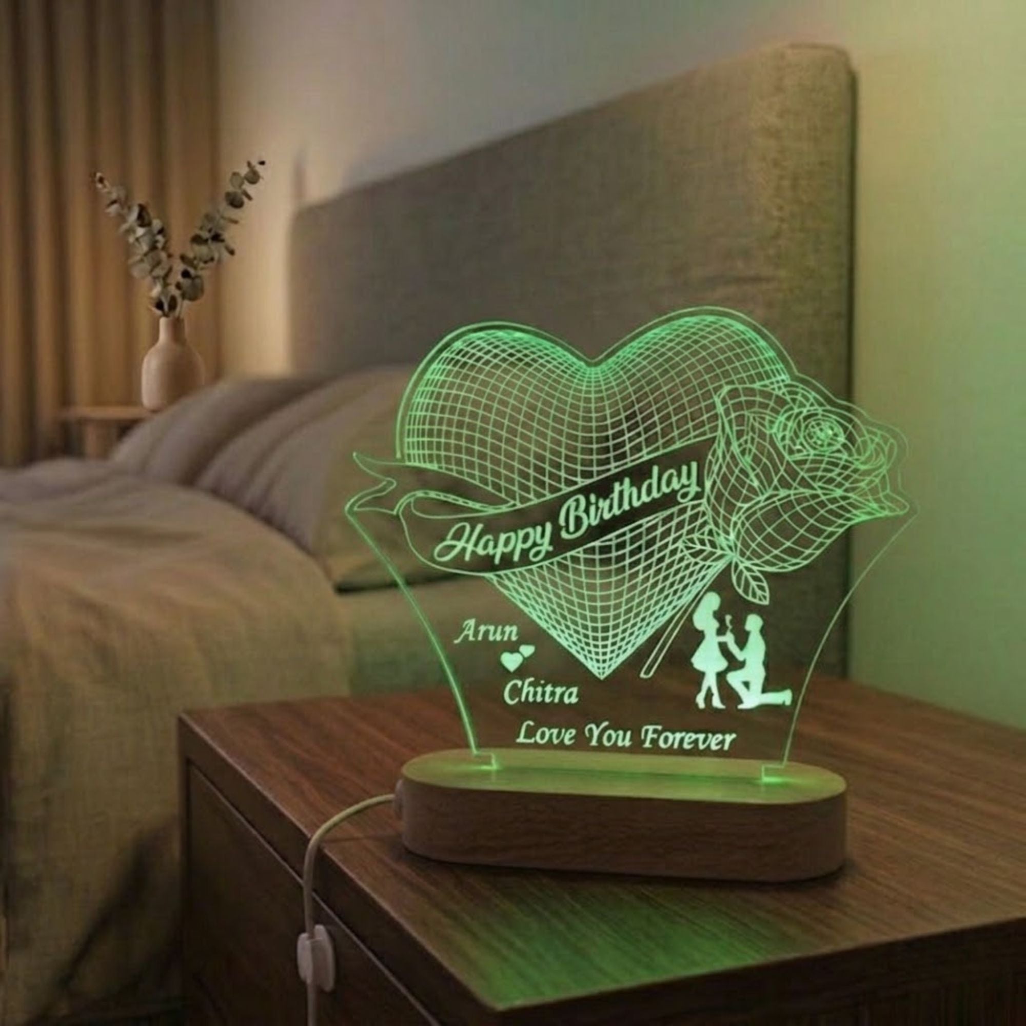 Shayona Gift Shop-Personalized 3D Mesh Heart Rose Birthday Acrylic LED Lamp – Custom Names, Proposal Silhouette & Greeting Night Light Keepsake