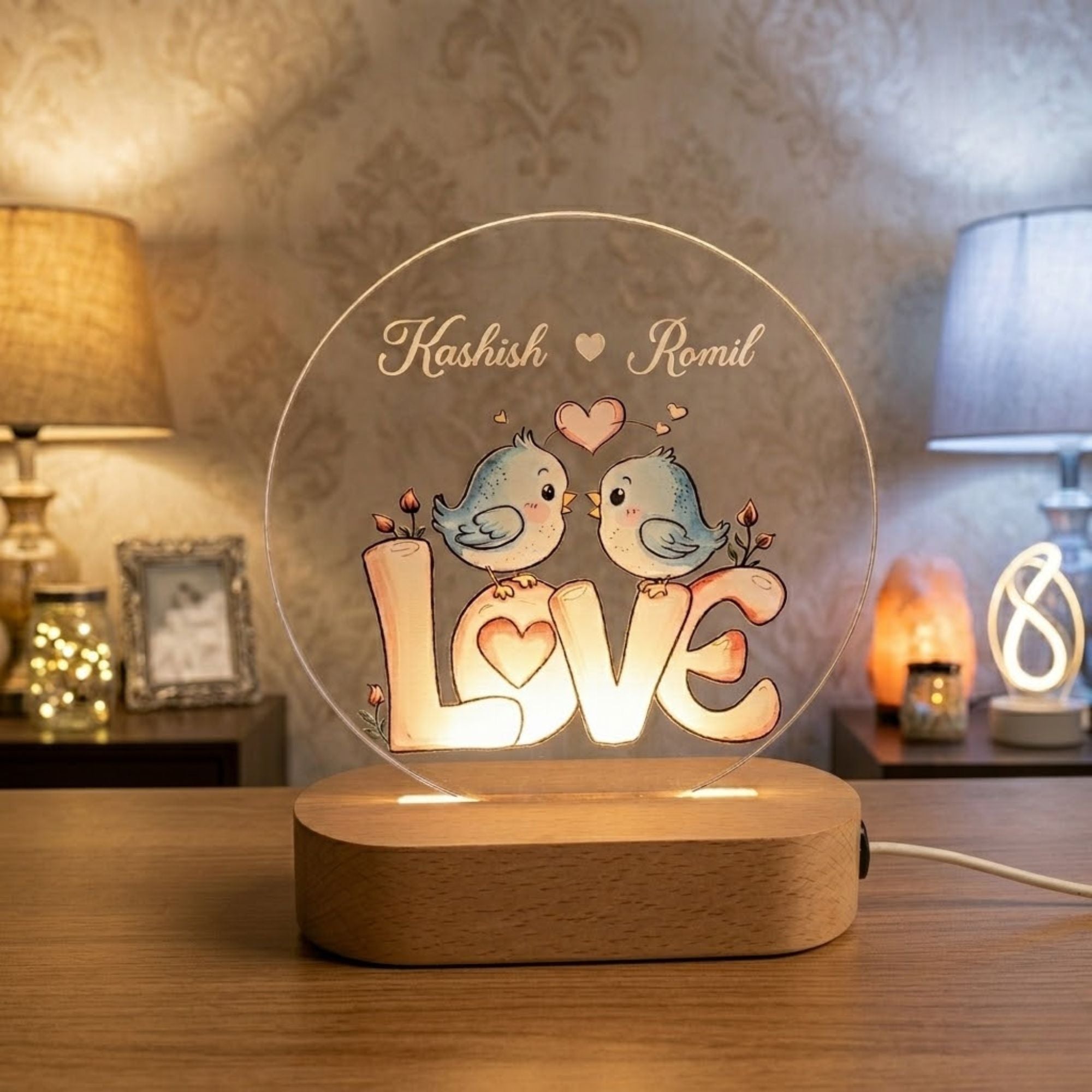 Shayona Gift Shop-Personalized Love Bird LED Lamp | Custom Couple Name Acrylic Light | Romantic Gift with Wooden Base