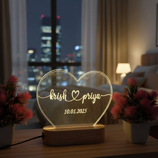 Shayona Gift Shop-Personalized Heart-Shaped Warm LED Night Light | Custom Couple Name & Special Date Engraved Acrylic Lamp with Wooden Base | Romantic Gift for Anniversary, Birthday & Valentine's Day