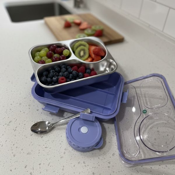Shayona Customized Name Stainless Steel  3-Compartment Lunch Box for Adults & Kids | with Spoon | Insulated Tiffin Box for Office, School & Travel (Purple)