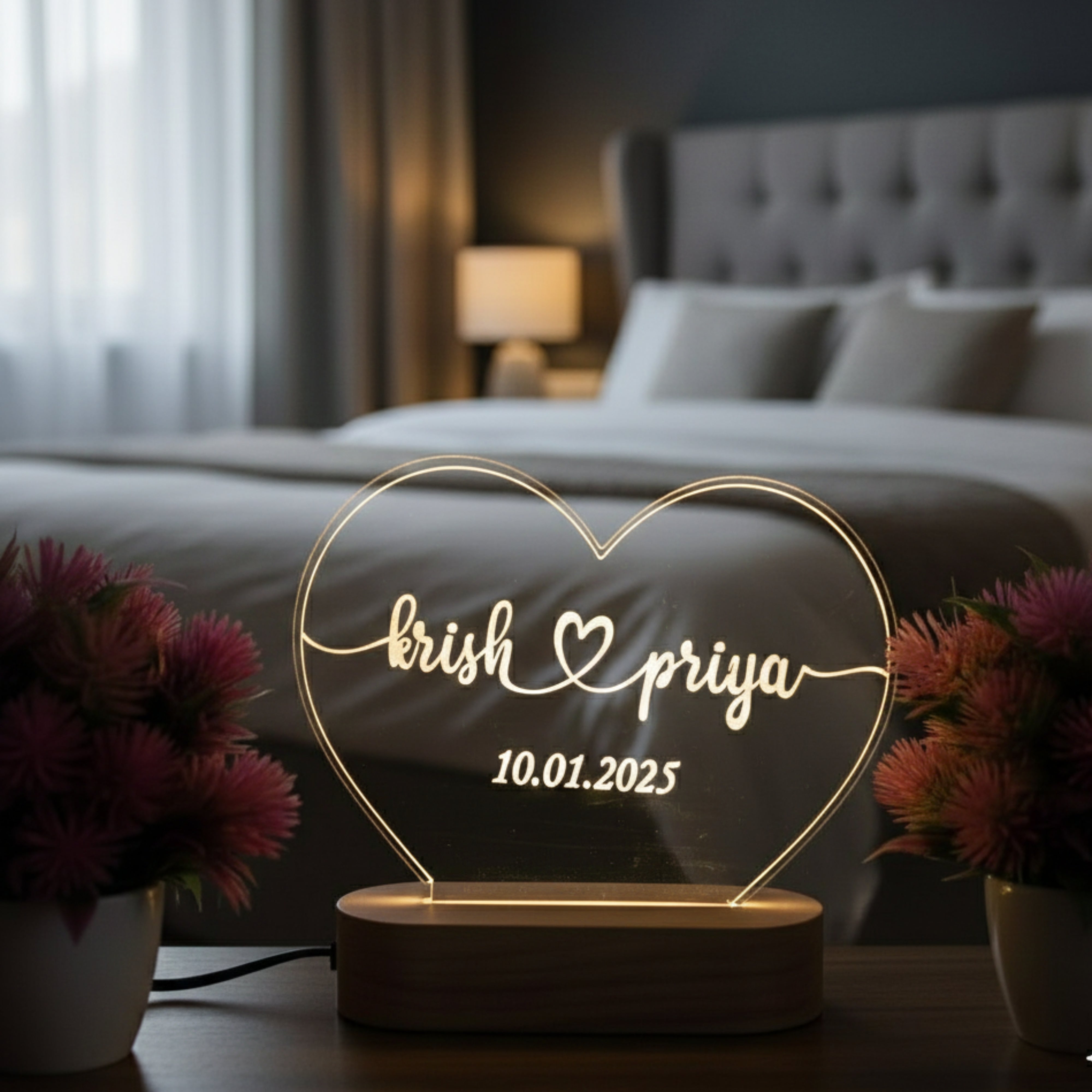 Shayona Gift Shop-Personalized Heart-Shaped Warm LED Night Light | Custom Couple Name & Special Date Engraved Acrylic Lamp with Wooden Base | Romantic Gift for Anniversary, Birthday & Valentine's Day