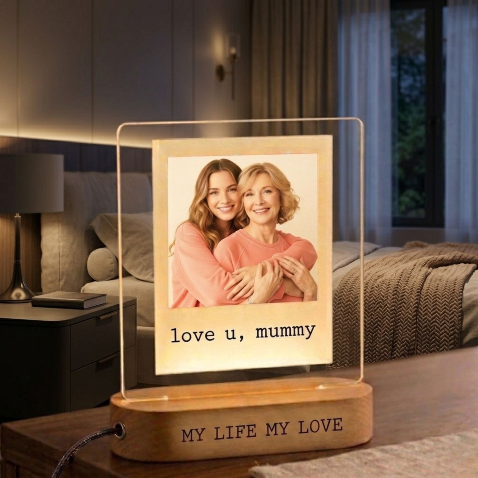 Shayona Gift Shop Personalized Photo LED Night Light for Mom – Custom Acrylic Lamp with Picture and Text, “Love You Mommy” Engraved Design, Wooden Base Bedside Lamp, Unique Mother’s Day Birthday Gift from Daughter or Son, Home Bedroom Decor