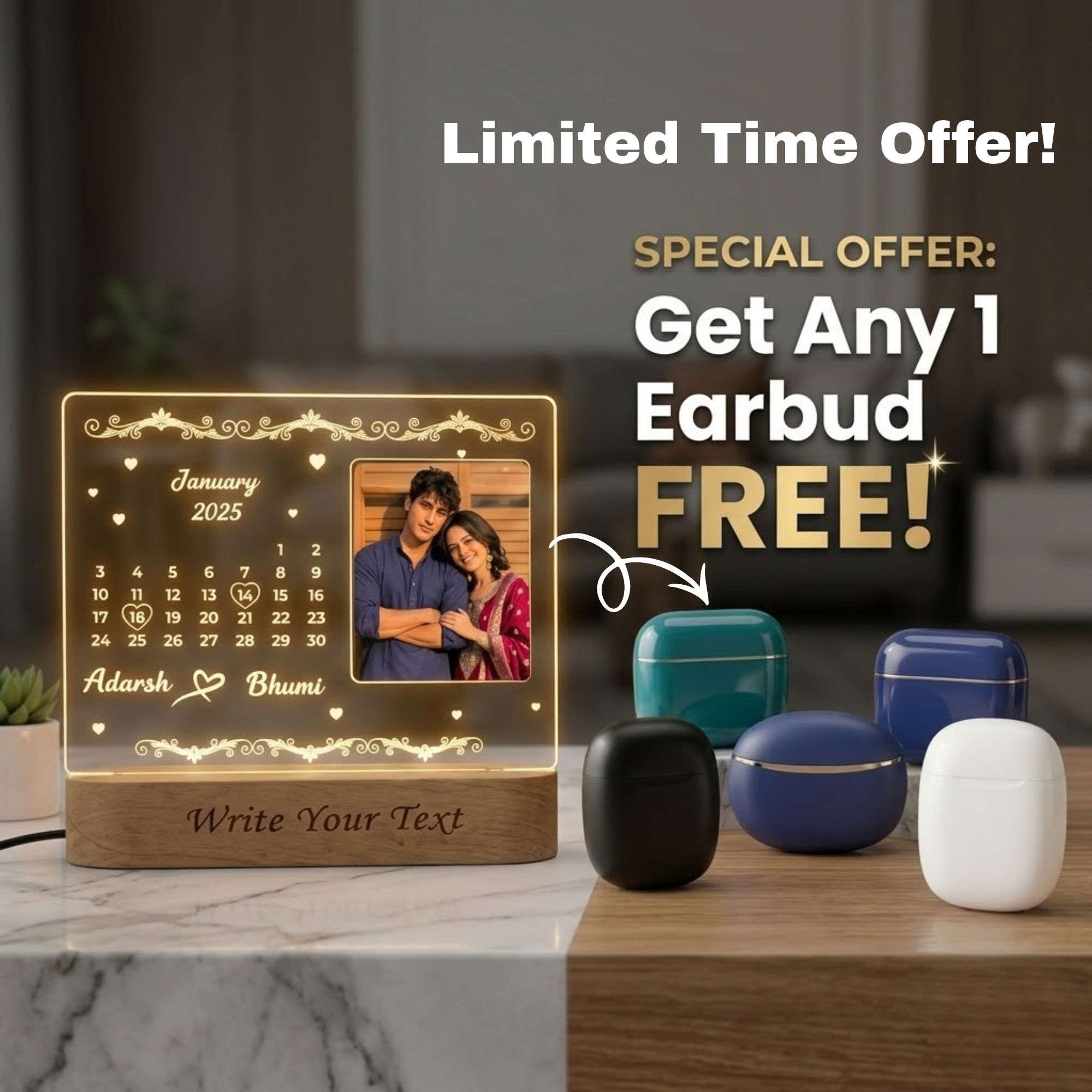 Shayona Gift Shop-Personalized Calendar Date Highlight Photo Acrylic LED Lamp | Custom Save the Date Photo Frame Night Light with Wooden Base | Romantic Gift for Anniversary, Birthday & Valentine's Day